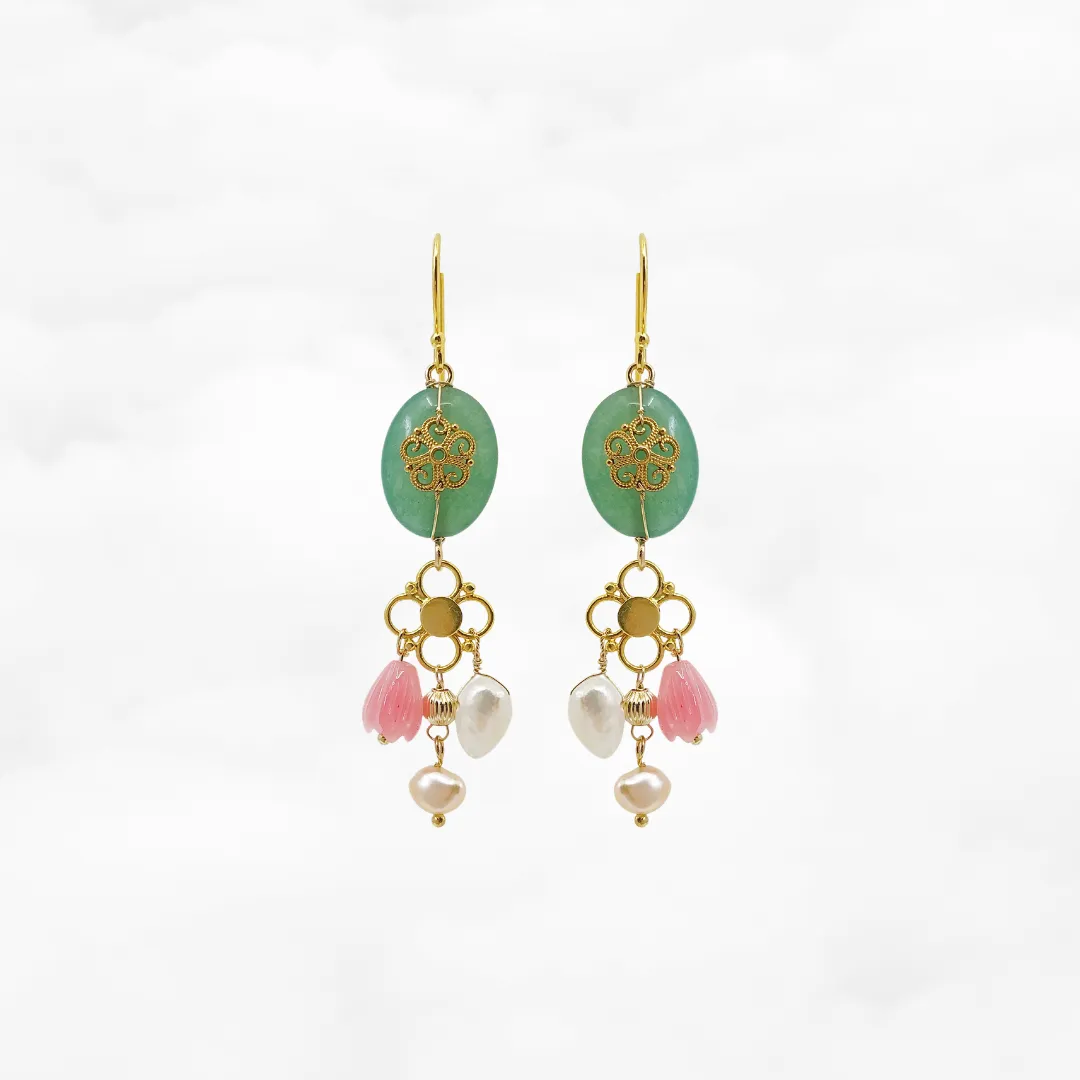 Gold Filigree Flower Aventurine Earrings