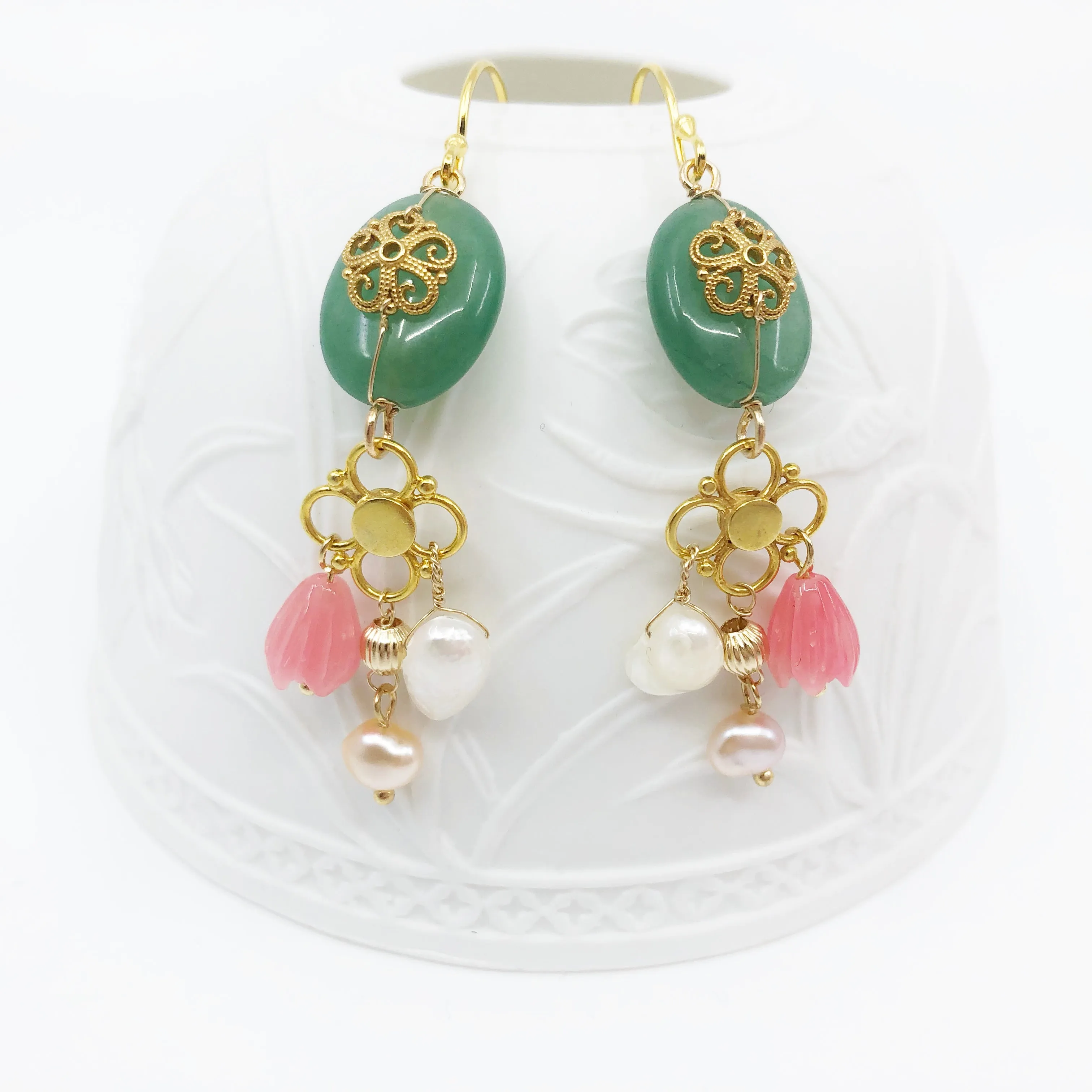 Gold Filigree Flower Aventurine Earrings