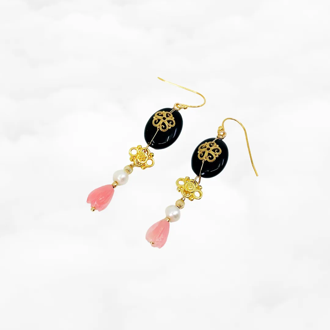 Gold Filigree Flower Black Agate Earrings