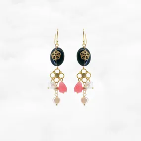 Gold Filigree Flower Black Agate Earrings