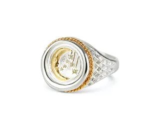 Gold Mini Moon Signet Ring with Diamonds