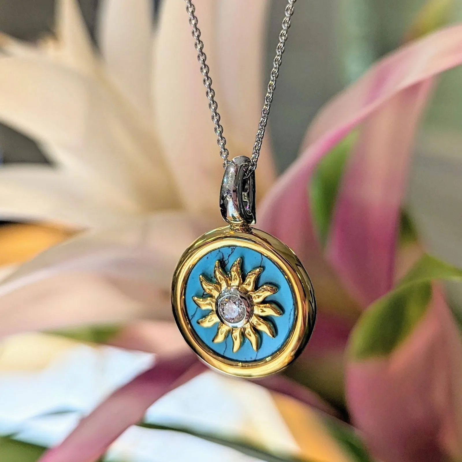 Gold plated sunburst turquoise necklace