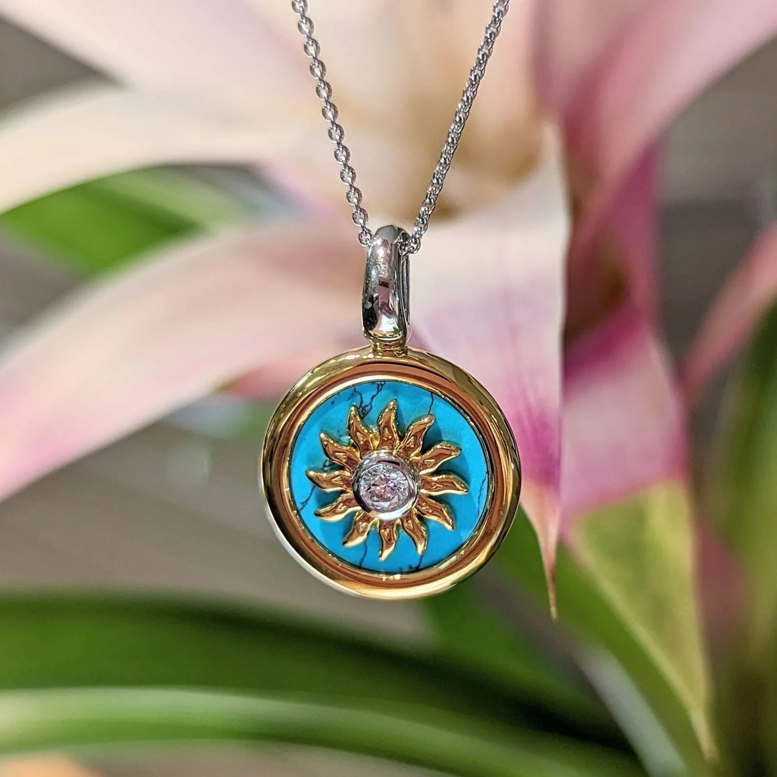 Gold plated sunburst turquoise necklace