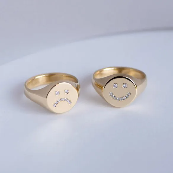 Gold Sad Face Signet Ring