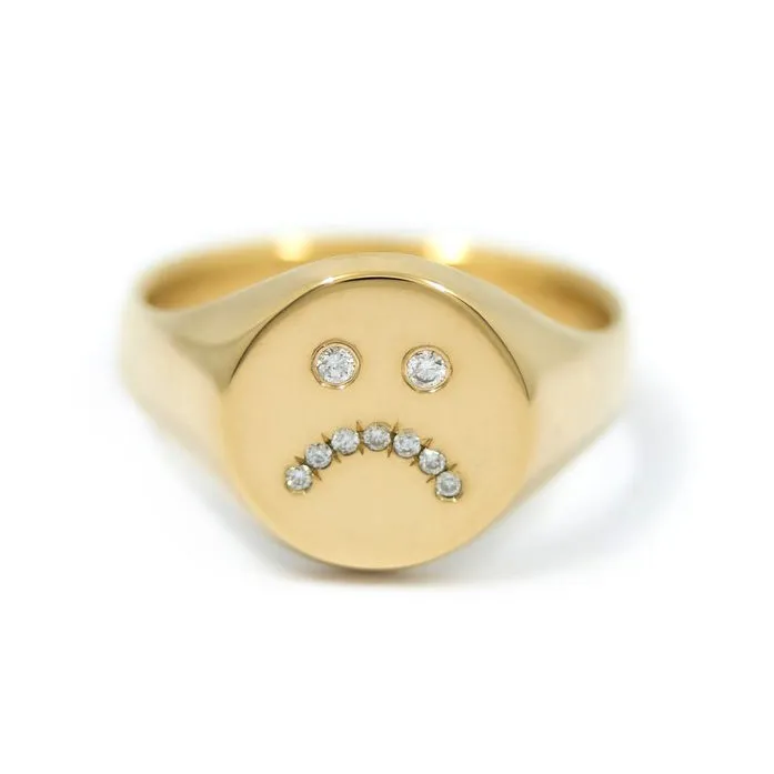 Gold Sad Face Signet Ring