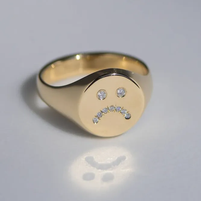 Gold Sad Face Signet Ring