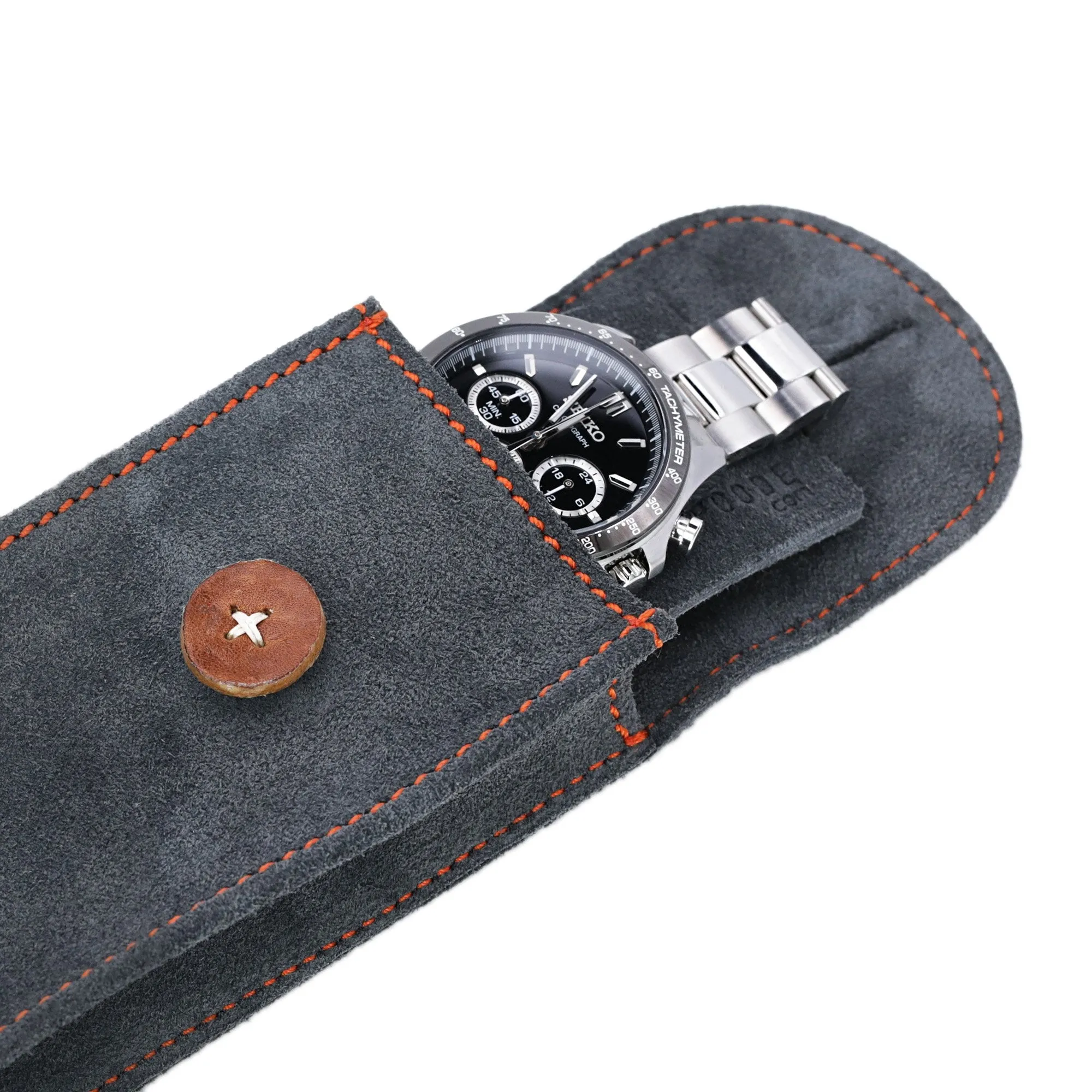 Grey Suede Leather Travel Watch Pouch, Long Size