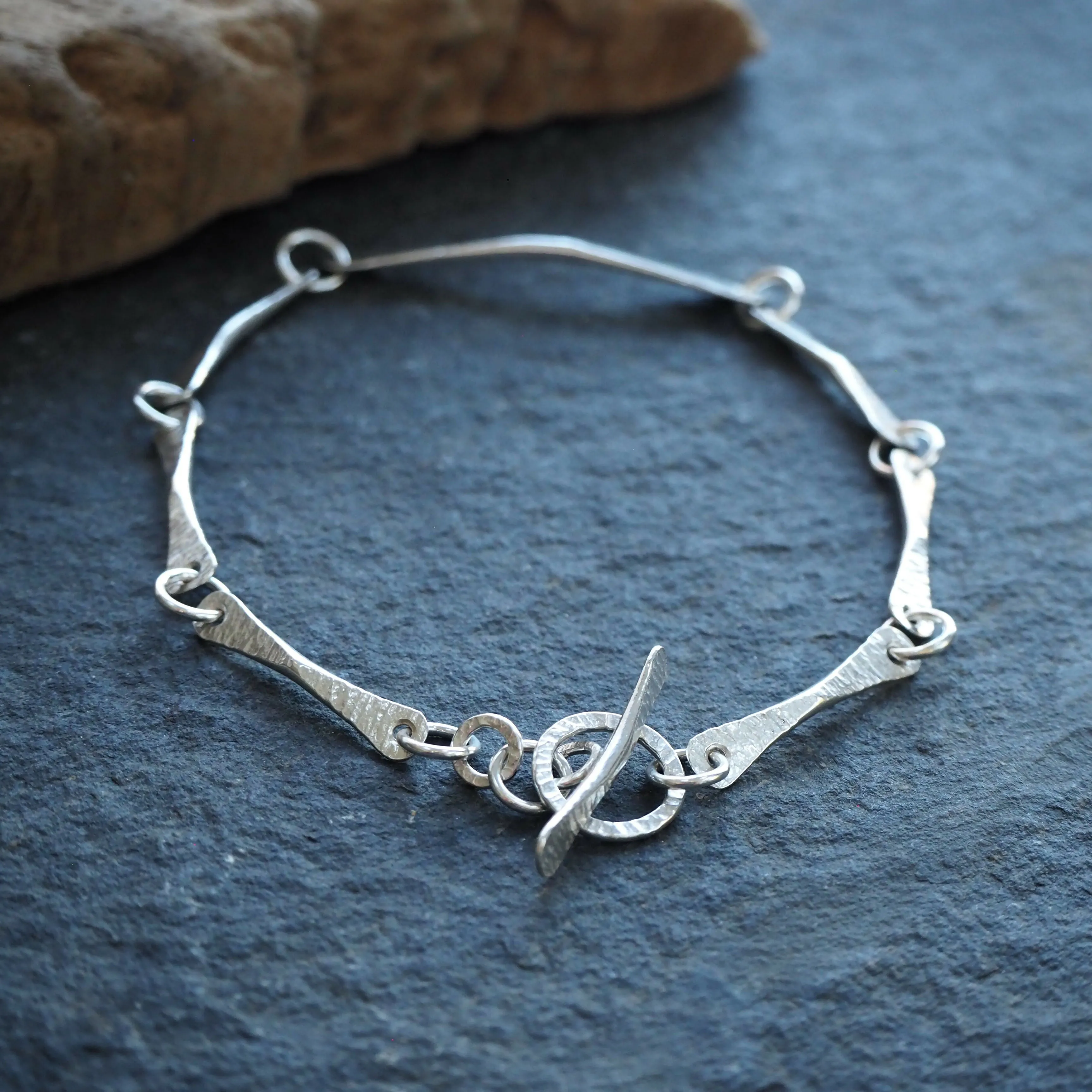 Hallmarked Forged Silver Bracelet - Hammered Silver - Longer Length