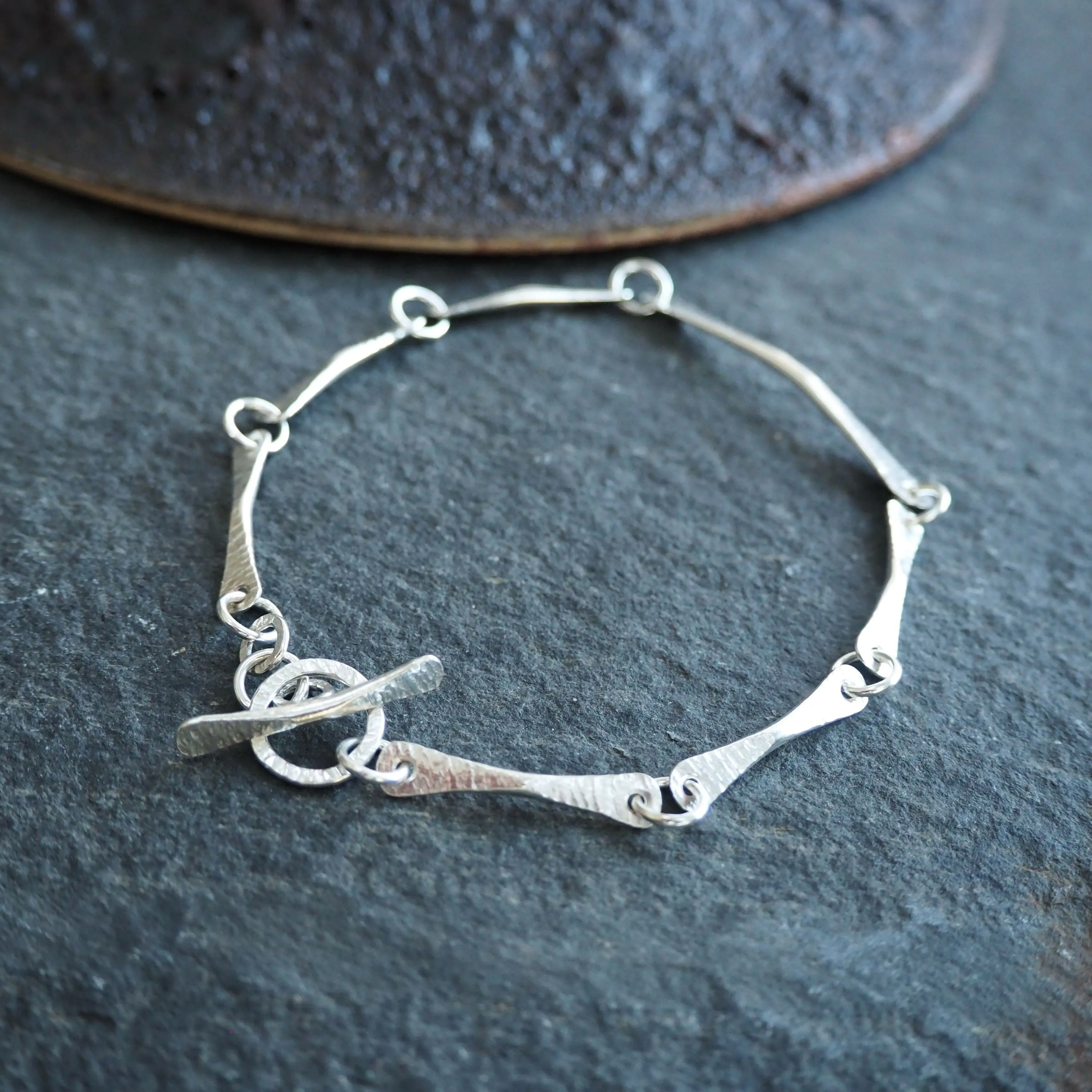 Hallmarked Forged Silver Bracelet - Hammered Silver - Longer Length