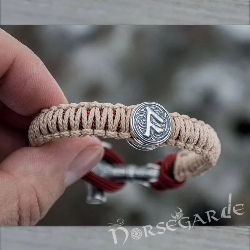 Handcrafted Cream Paracord Bracelet with Mjölnir and Rune - Sterling Silver