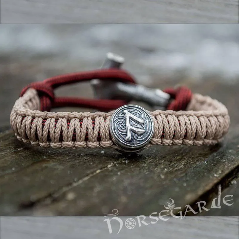 Handcrafted Cream Paracord Bracelet with Mjölnir and Rune - Sterling Silver