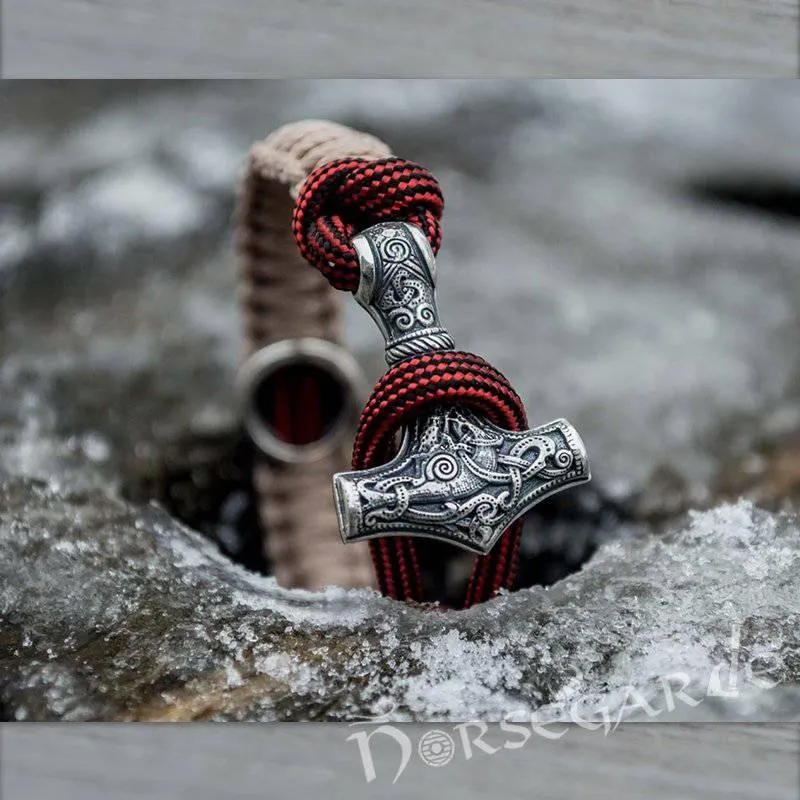 Handcrafted Cream Paracord Bracelet with Mjölnir and Rune - Sterling Silver