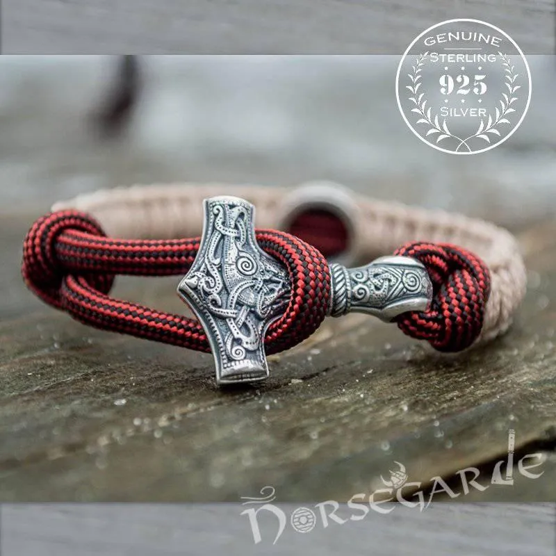 Handcrafted Cream Paracord Bracelet with Mjölnir and Rune - Sterling Silver