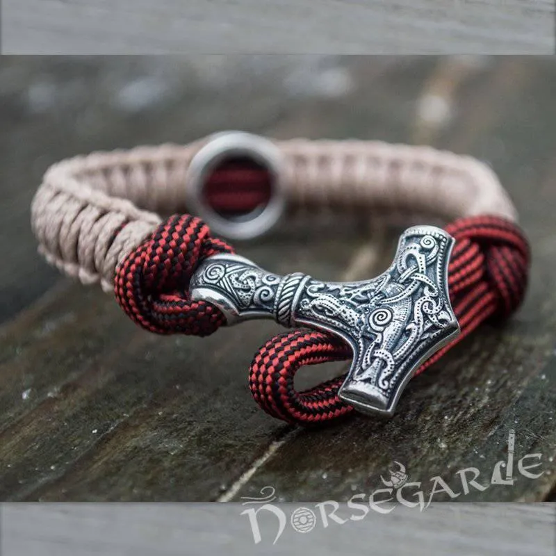 Handcrafted Cream Paracord Bracelet with Mjölnir and Rune - Sterling Silver