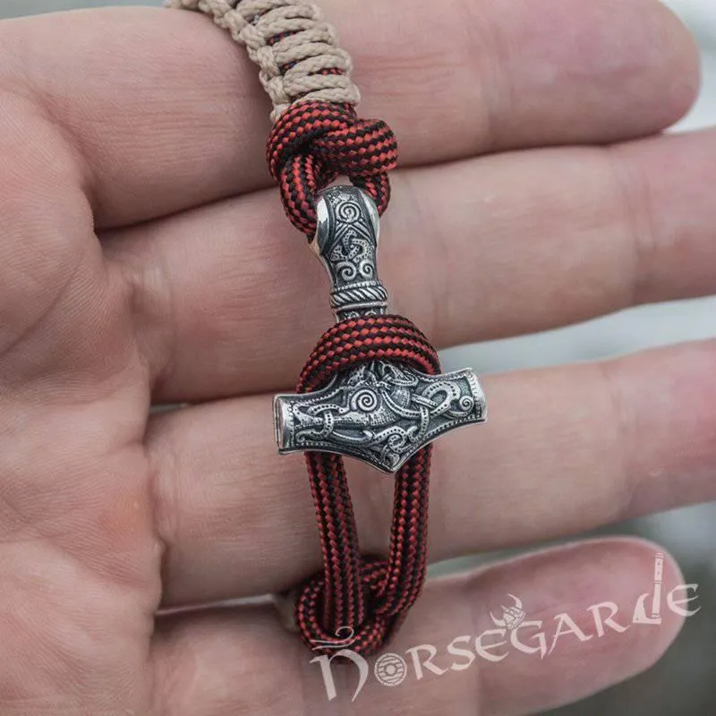 Handcrafted Cream Paracord Bracelet with Mjölnir and Rune - Sterling Silver