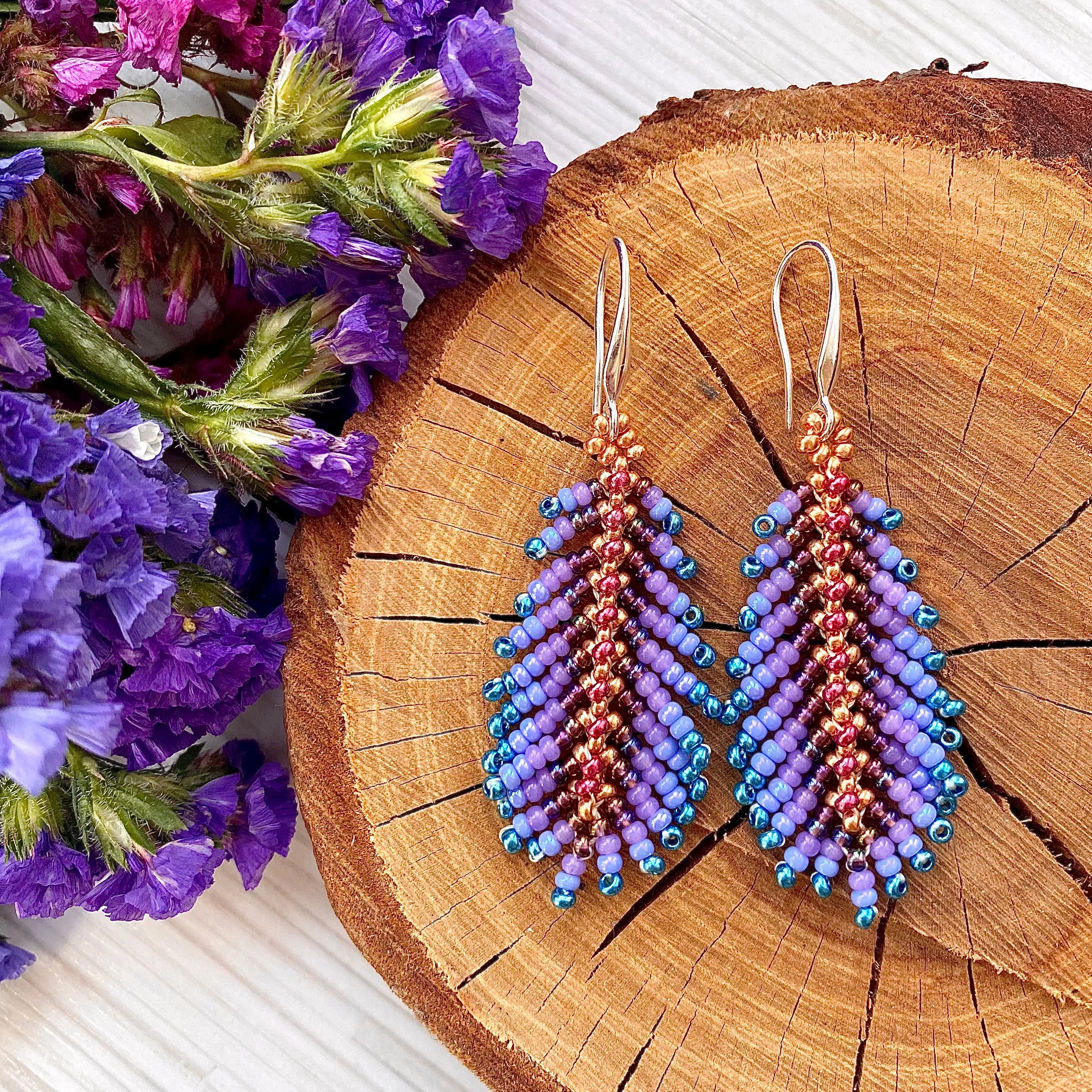 Handmade Dainty Boho Purple Red Blue Gold Seed Beaded Feather Earrings for Women