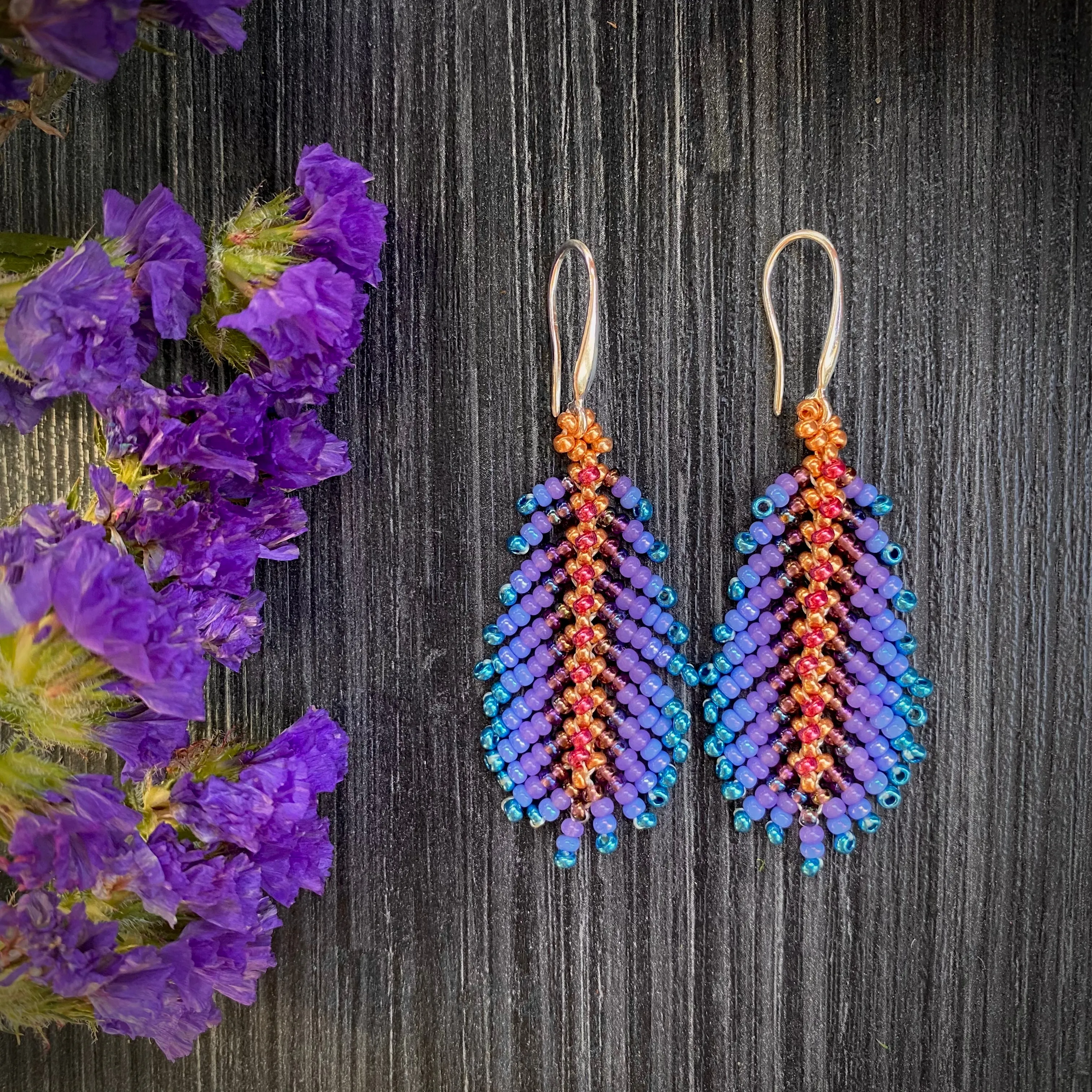 Handmade Dainty Boho Purple Red Blue Gold Seed Beaded Feather Earrings for Women