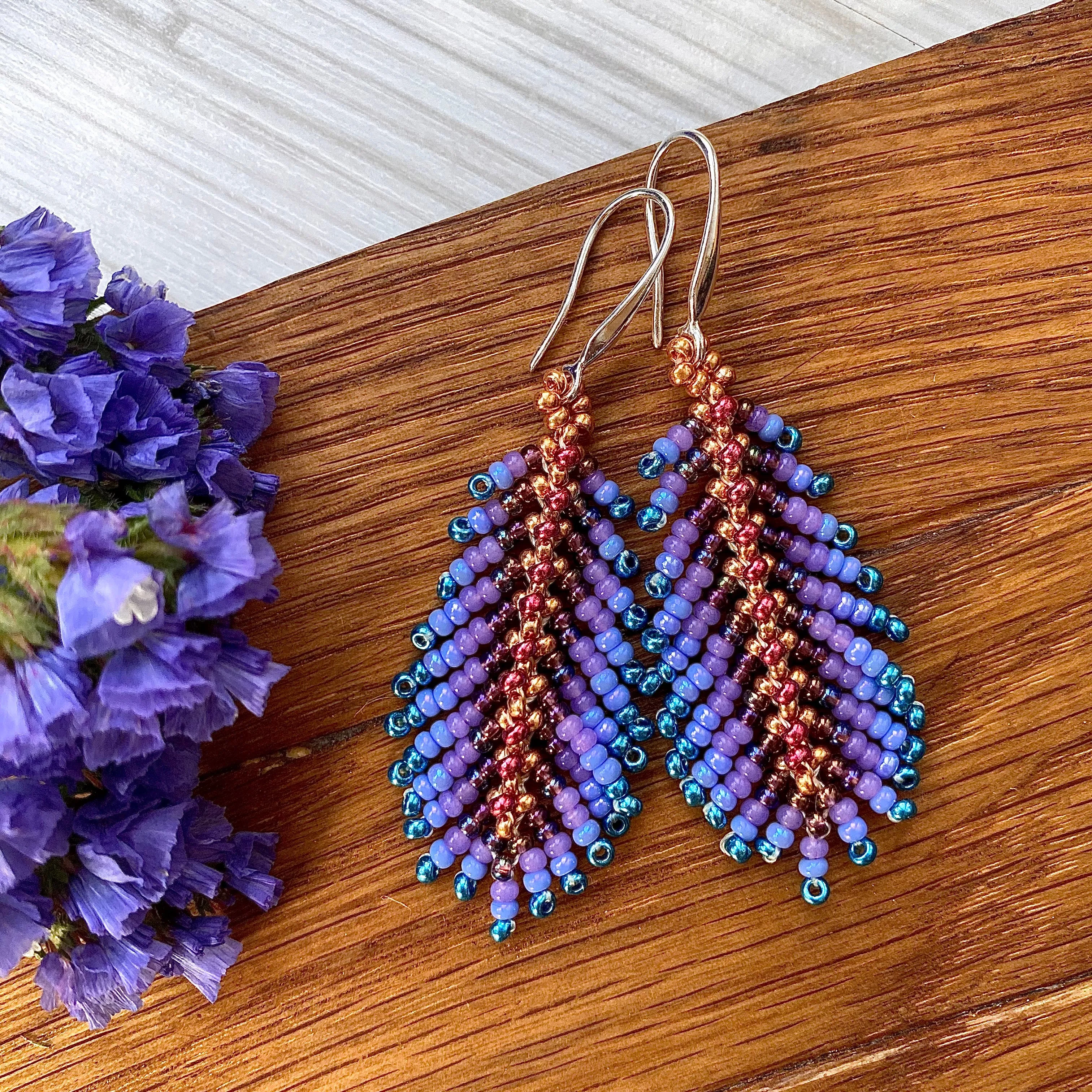 Handmade Dainty Boho Purple Red Blue Gold Seed Beaded Feather Earrings for Women