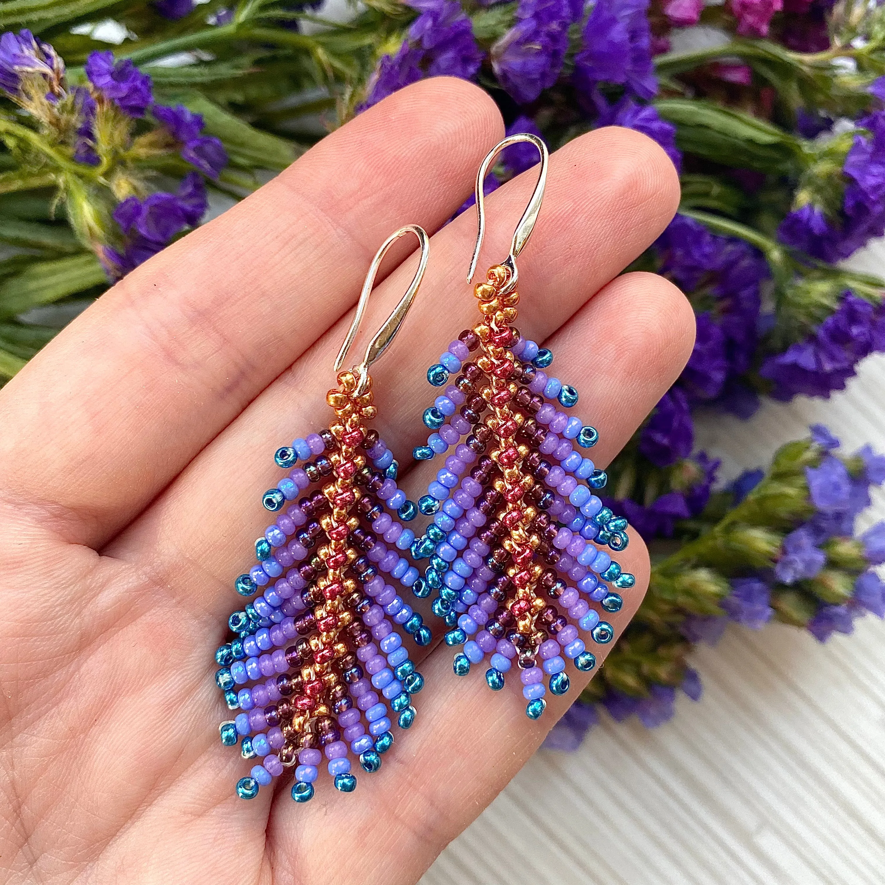 Handmade Dainty Boho Purple Red Blue Gold Seed Beaded Feather Earrings for Women