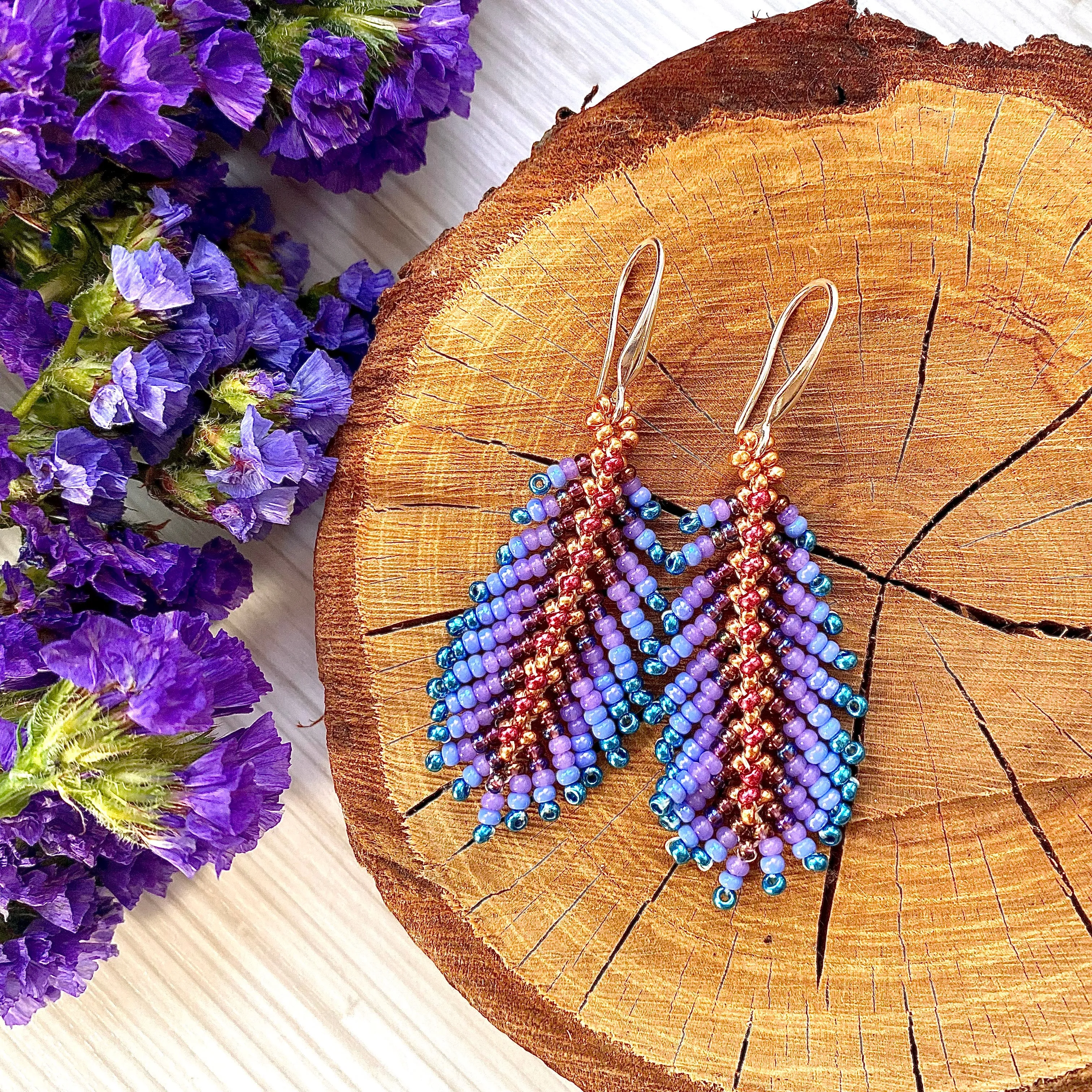 Handmade Dainty Boho Purple Red Blue Gold Seed Beaded Feather Earrings for Women