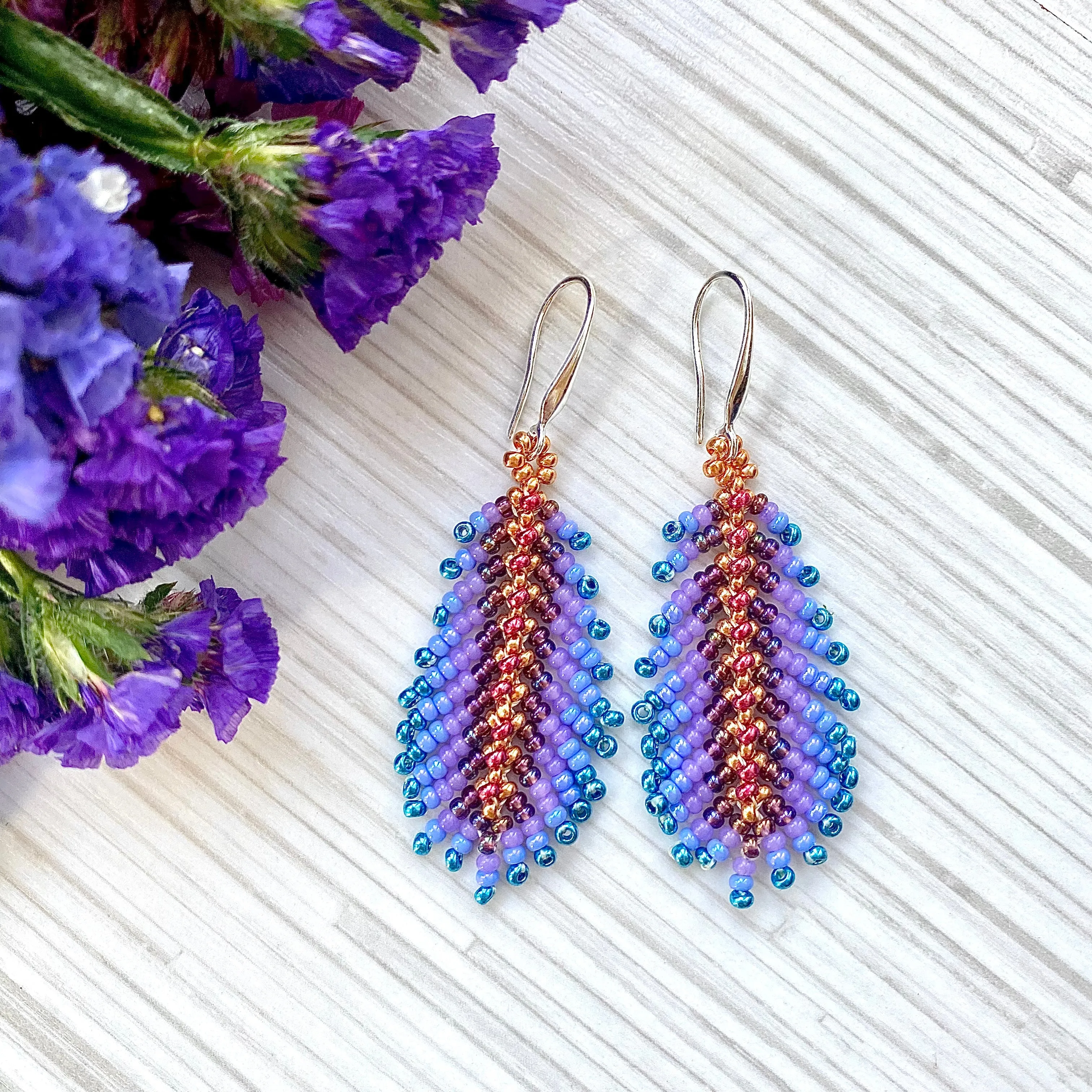 Handmade Dainty Boho Purple Red Blue Gold Seed Beaded Feather Earrings for Women