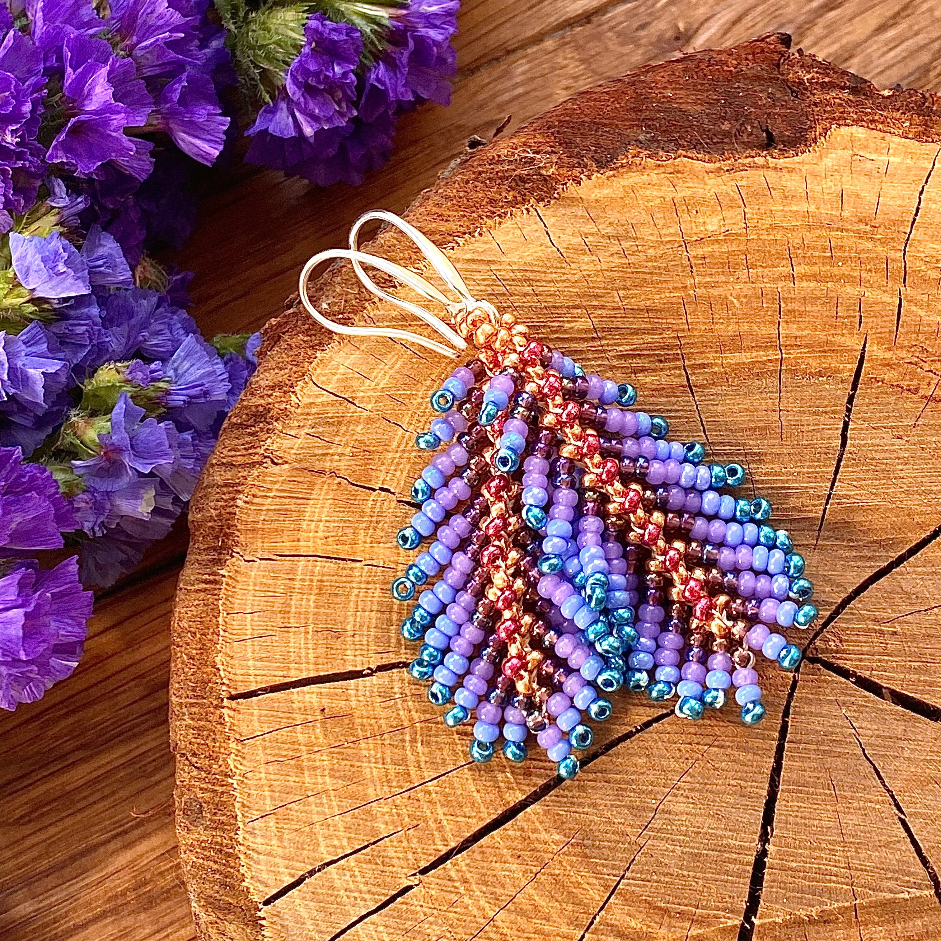 Handmade Dainty Boho Purple Red Blue Gold Seed Beaded Feather Earrings for Women