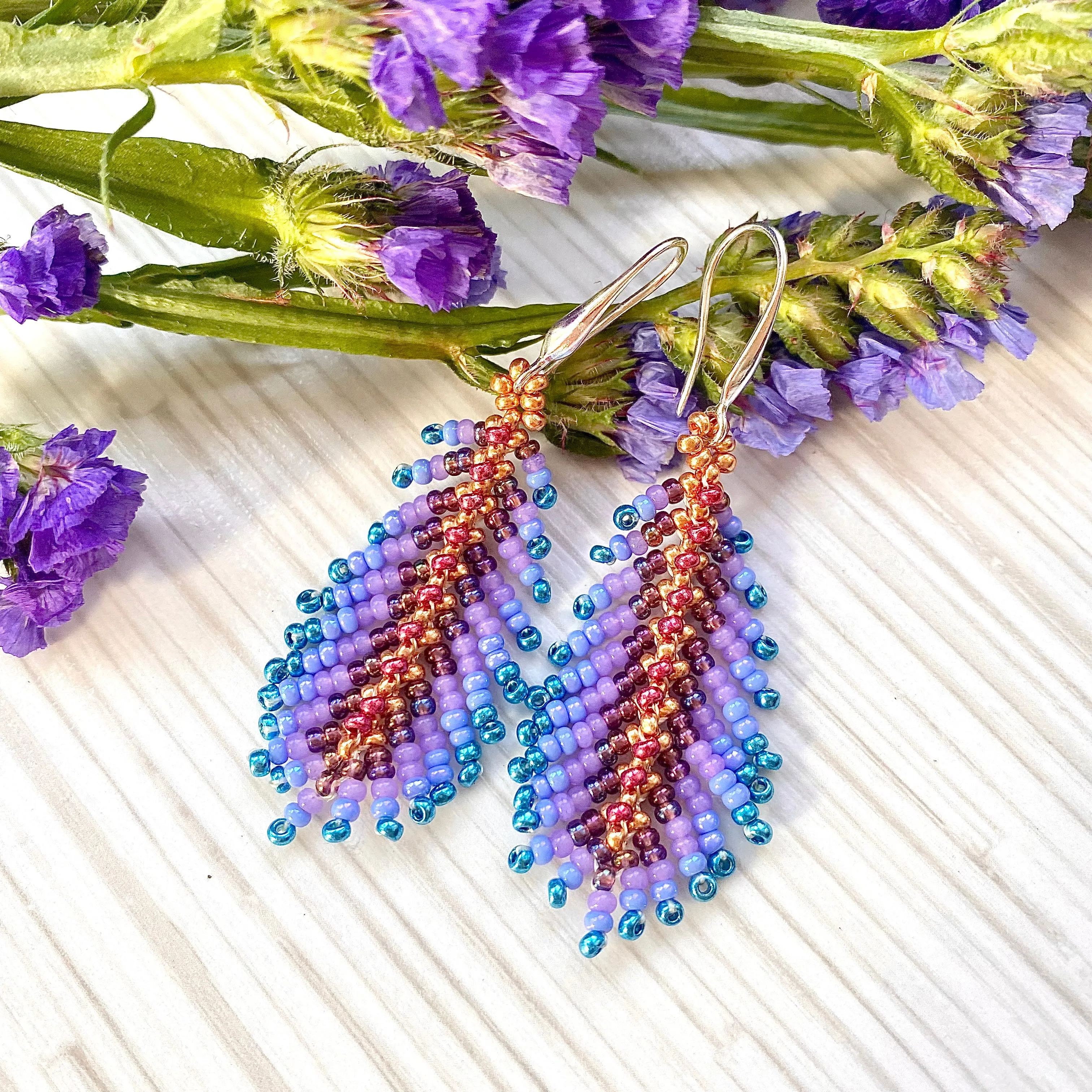 Handmade Dainty Boho Purple Red Blue Gold Seed Beaded Feather Earrings for Women