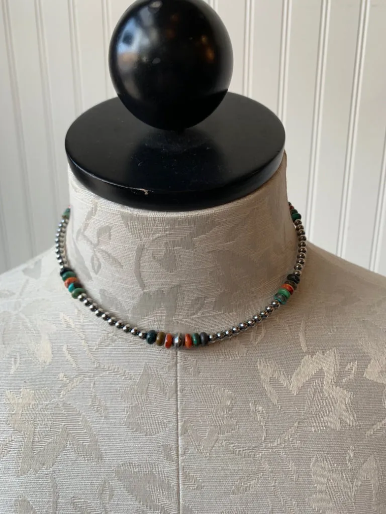 Handmade Sterling Silver 14" Choker Necklace Turquoise & Spiny