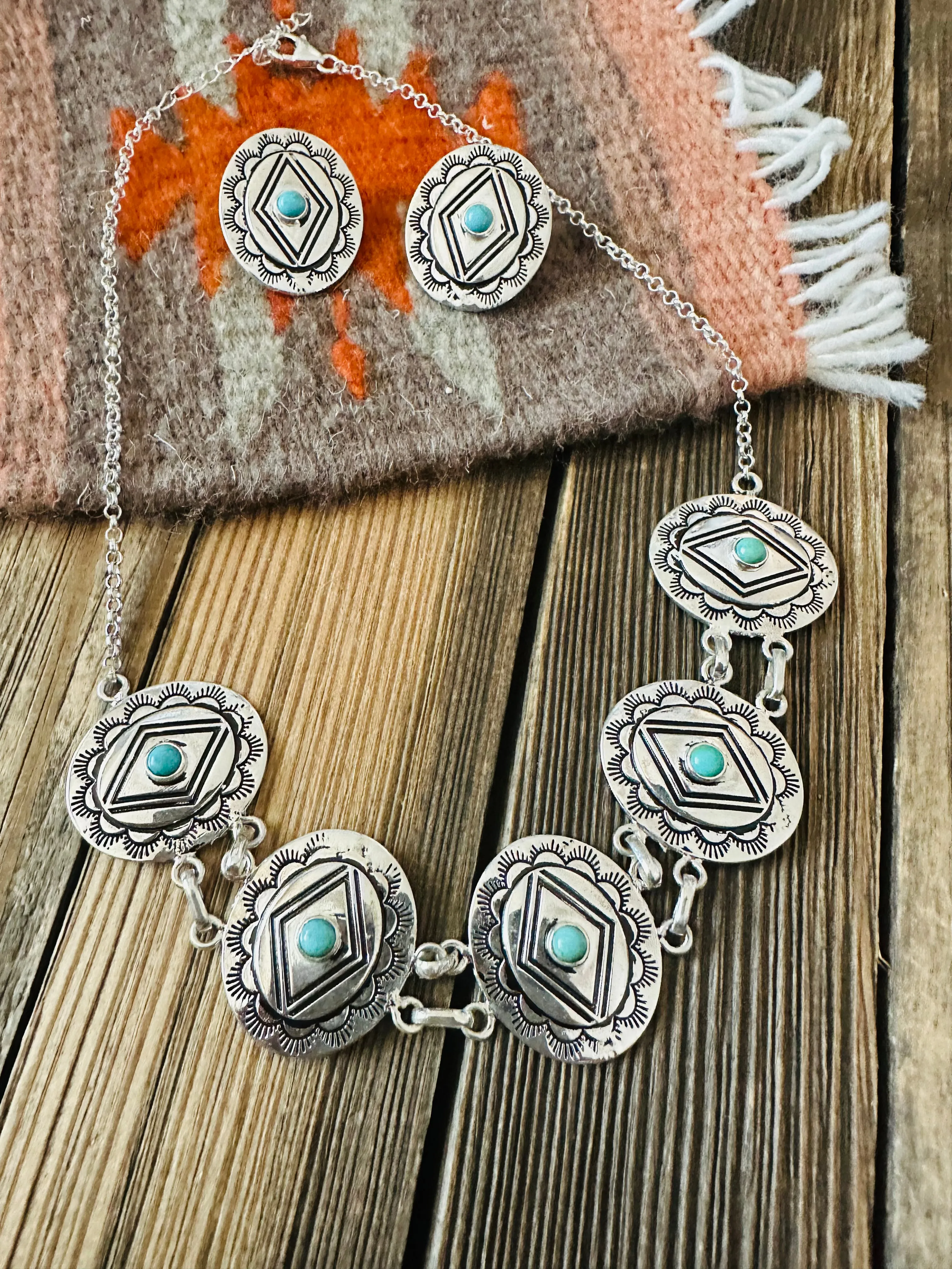 Handmade Sterling Silver & Turquoise Concho Necklace Set