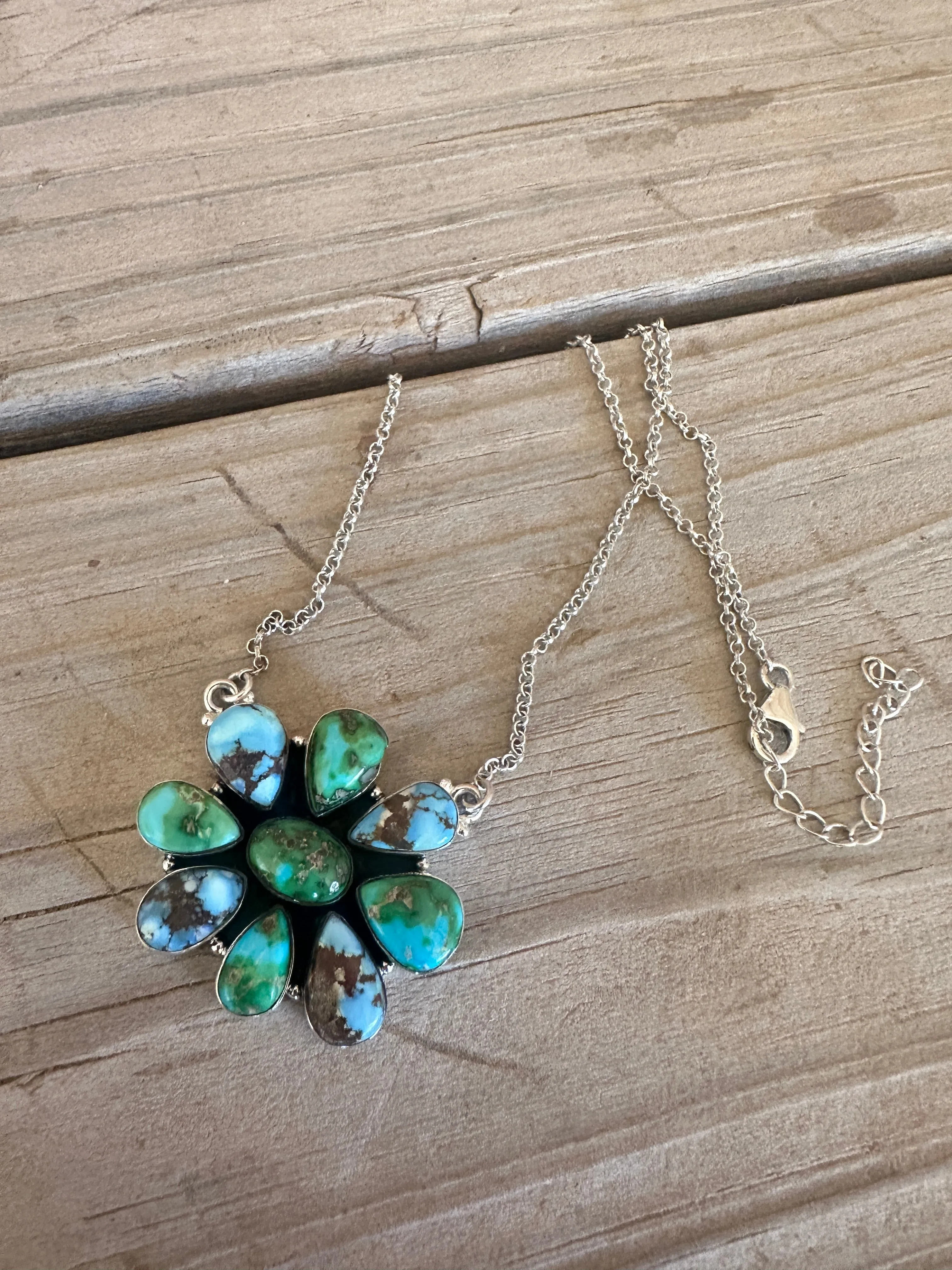 Handmade Sterling Silver, Golden Hills Turquoise & Sonoran Mountain Turquoise Cluster Necklace