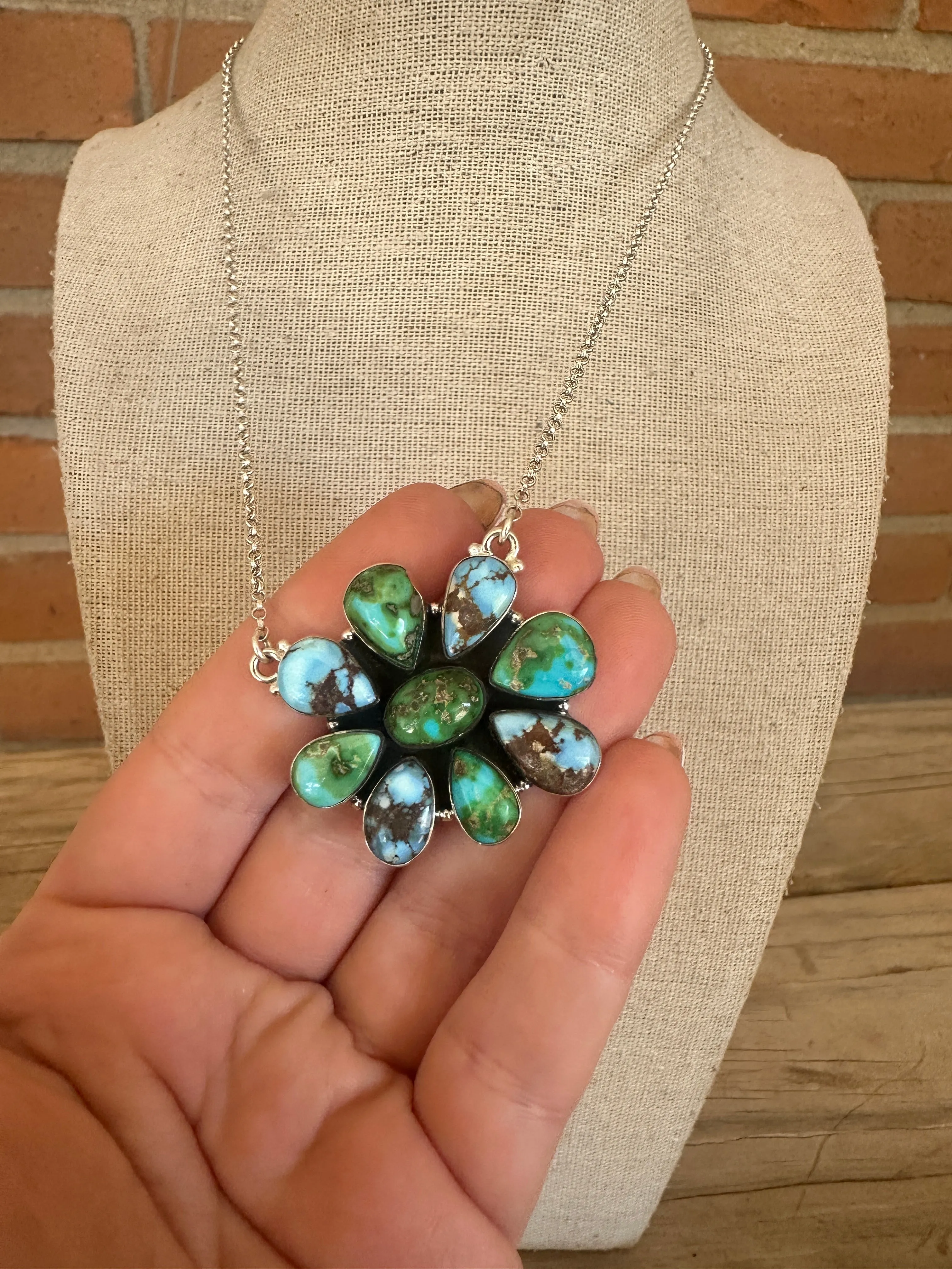 Handmade Sterling Silver, Golden Hills Turquoise & Sonoran Mountain Turquoise Cluster Necklace