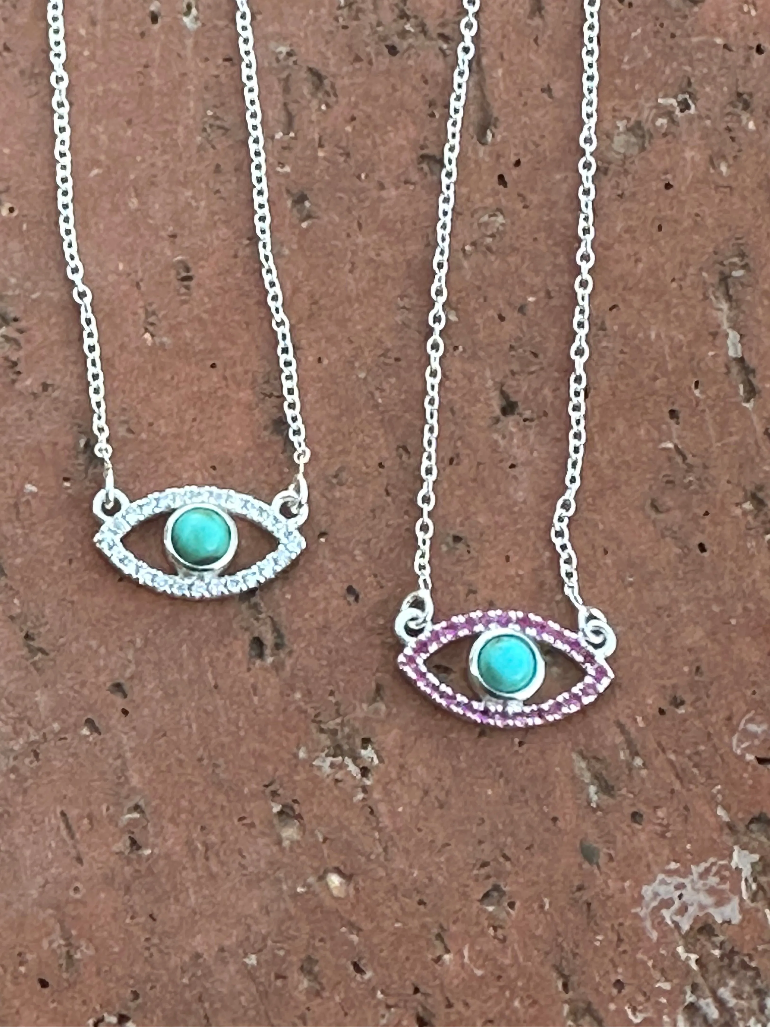 Handmade Sterling Silver Turquoise and CZ Evil Eye Necklace