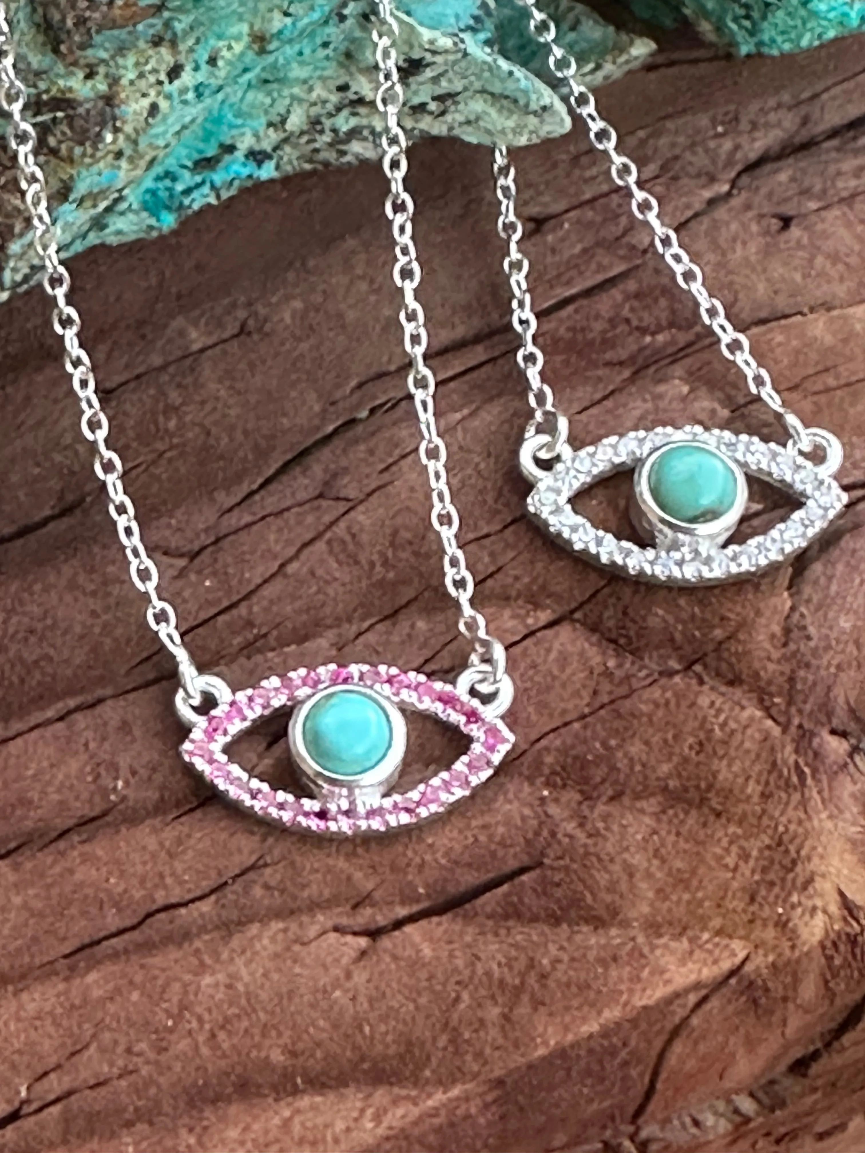 Handmade Sterling Silver Turquoise and CZ Evil Eye Necklace