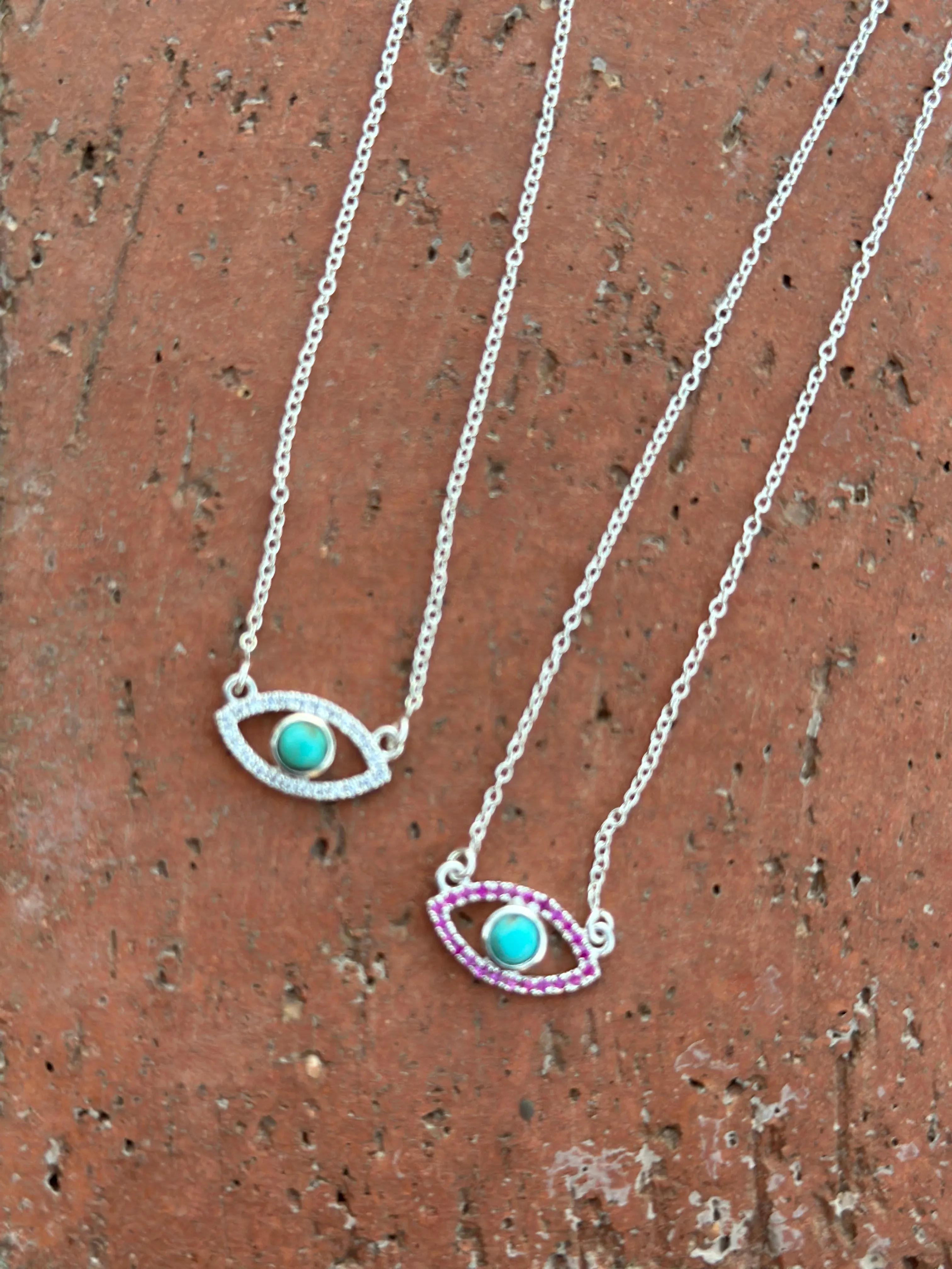 Handmade Sterling Silver Turquoise and CZ Evil Eye Necklace