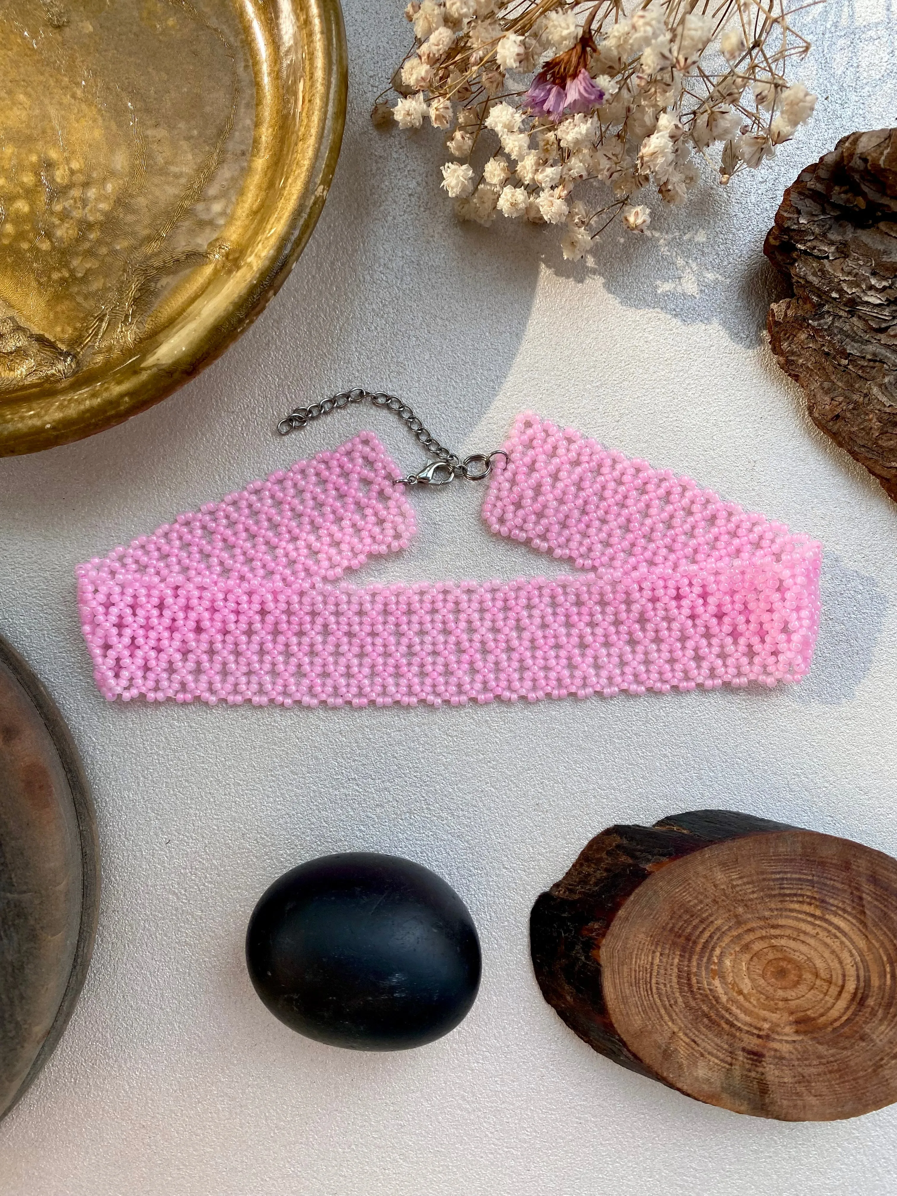 Handmade Wide Pink Seed Bead Choker Necklace for Women Boho Hippie style, Purple Thick Choker, Cute Pinky Bead Lace choker, Sexy choker