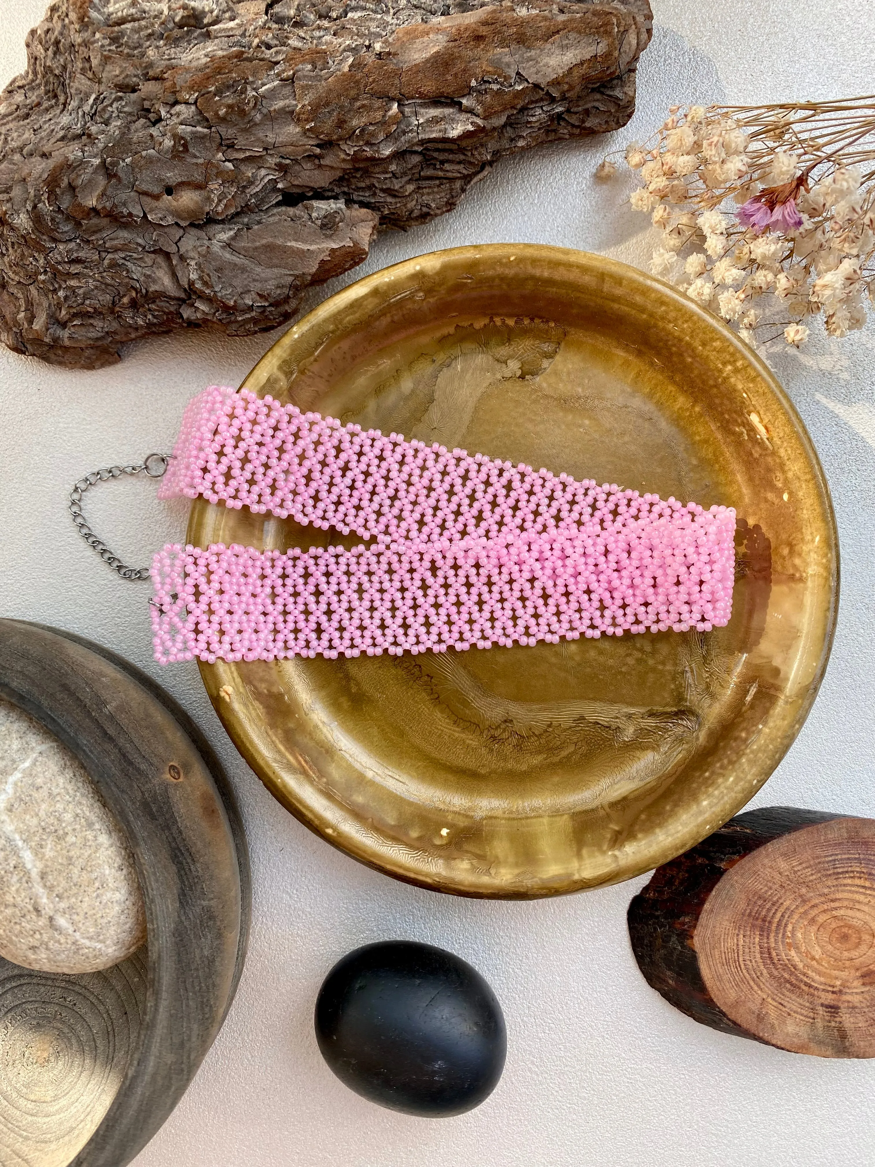 Handmade Wide Pink Seed Bead Choker Necklace for Women Boho Hippie style, Purple Thick Choker, Cute Pinky Bead Lace choker, Sexy choker