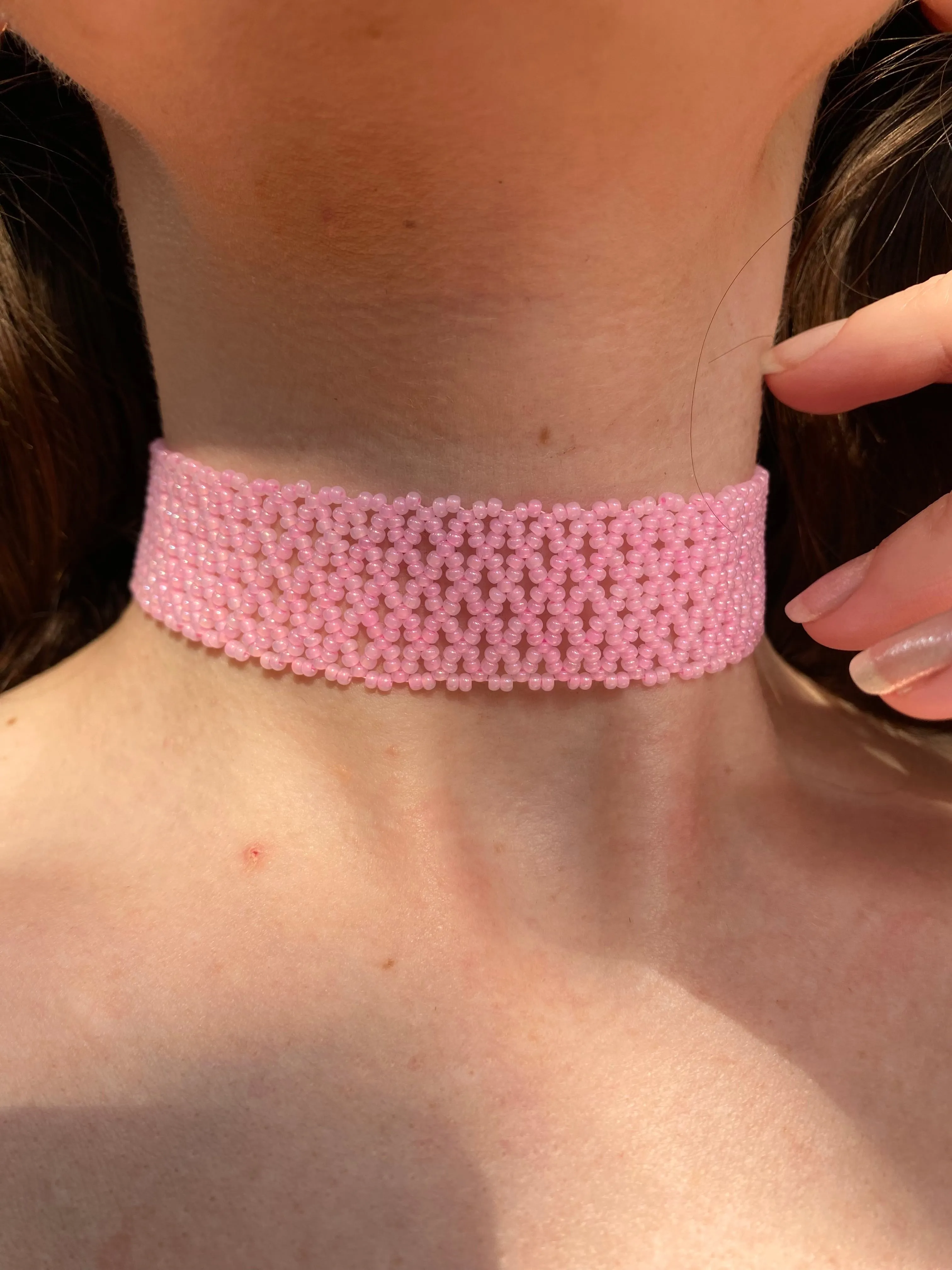 Handmade Wide Pink Seed Bead Choker Necklace for Women Boho Hippie style, Purple Thick Choker, Cute Pinky Bead Lace choker, Sexy choker