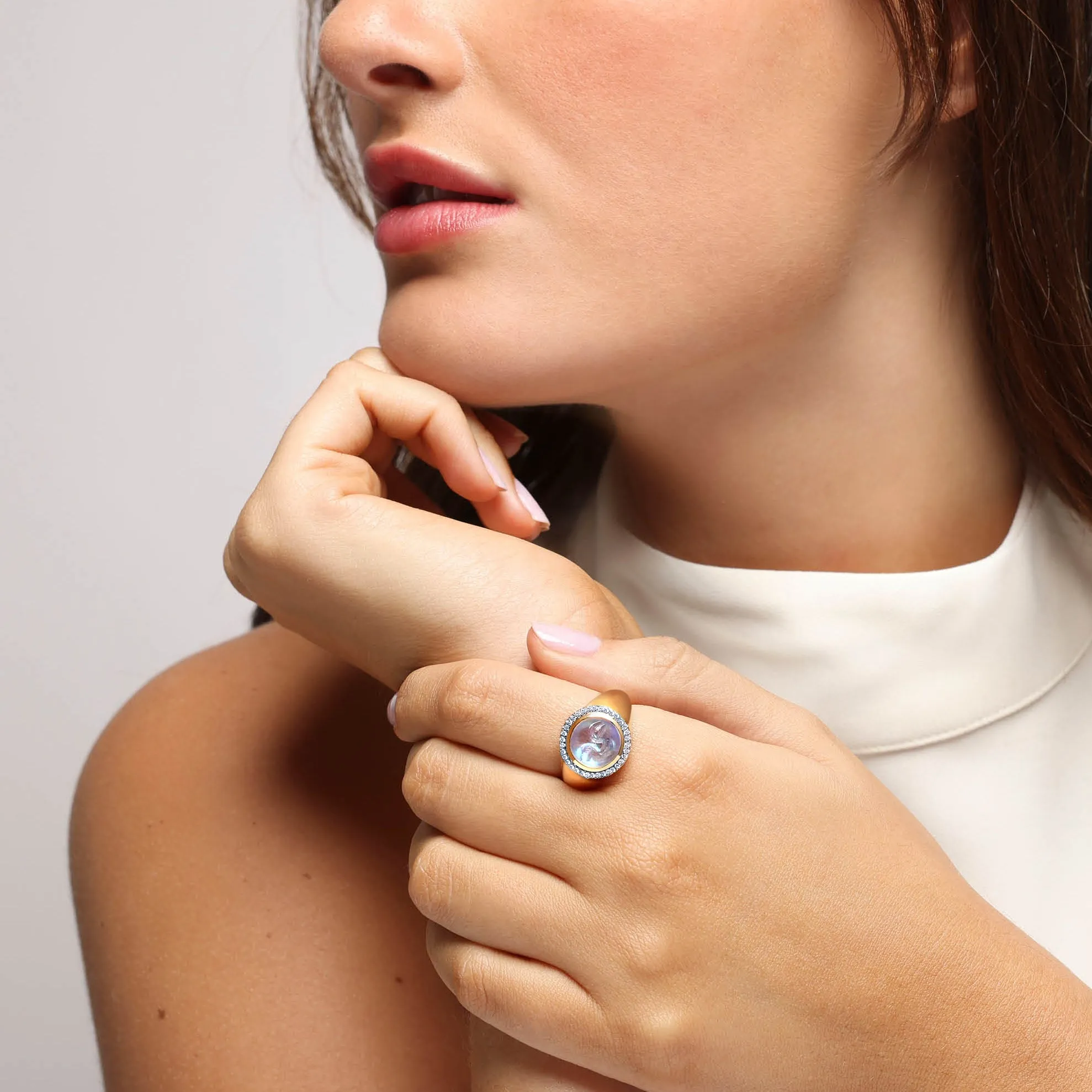 Happy Face Moonstone and Diamond Signet Ring