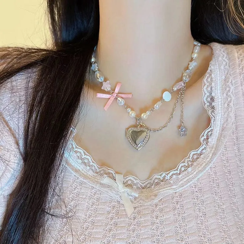 Heart Pendant Crystal Star Pearl Chain Choker Necklace