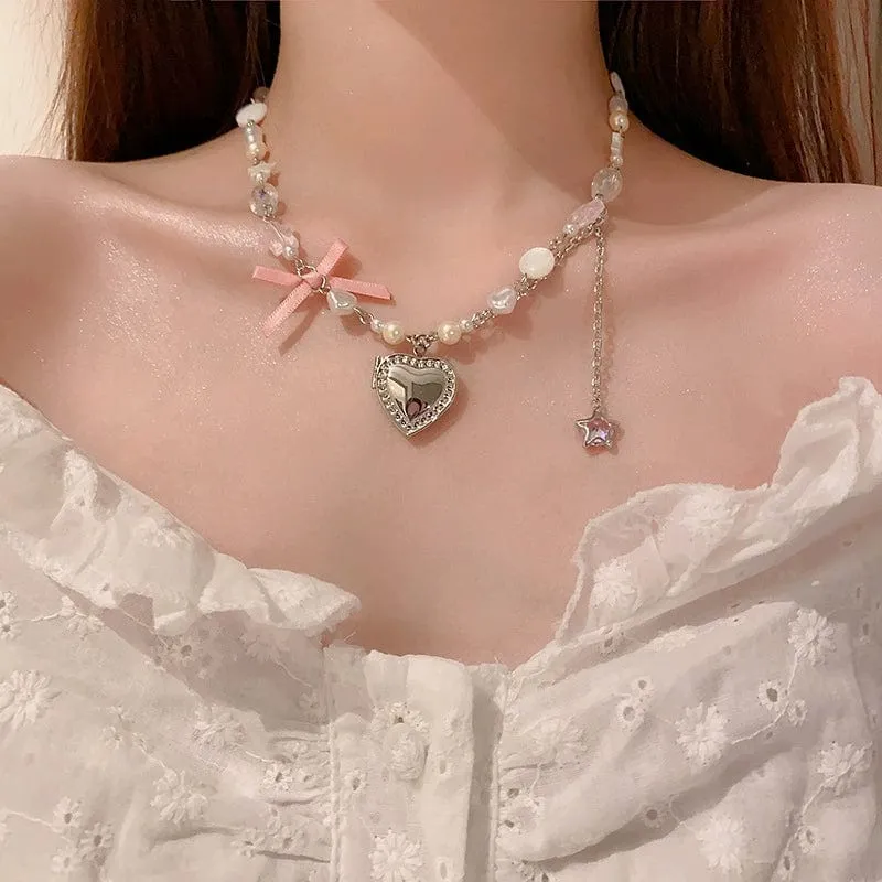 Heart Pendant Crystal Star Pearl Chain Choker Necklace