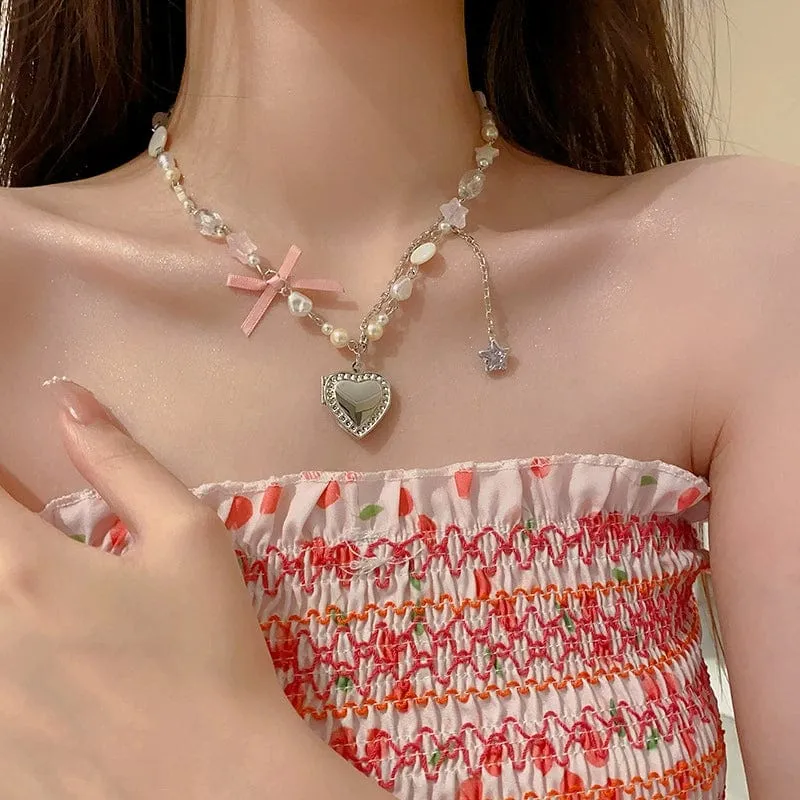 Heart Pendant Crystal Star Pearl Chain Choker Necklace