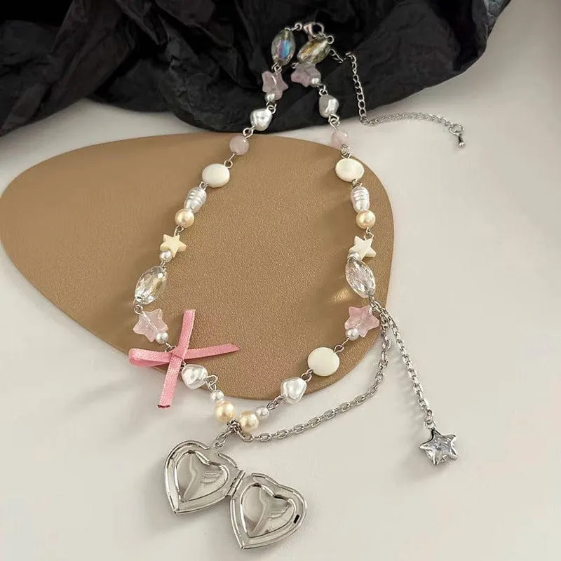 Heart Pendant Crystal Star Pearl Chain Choker Necklace