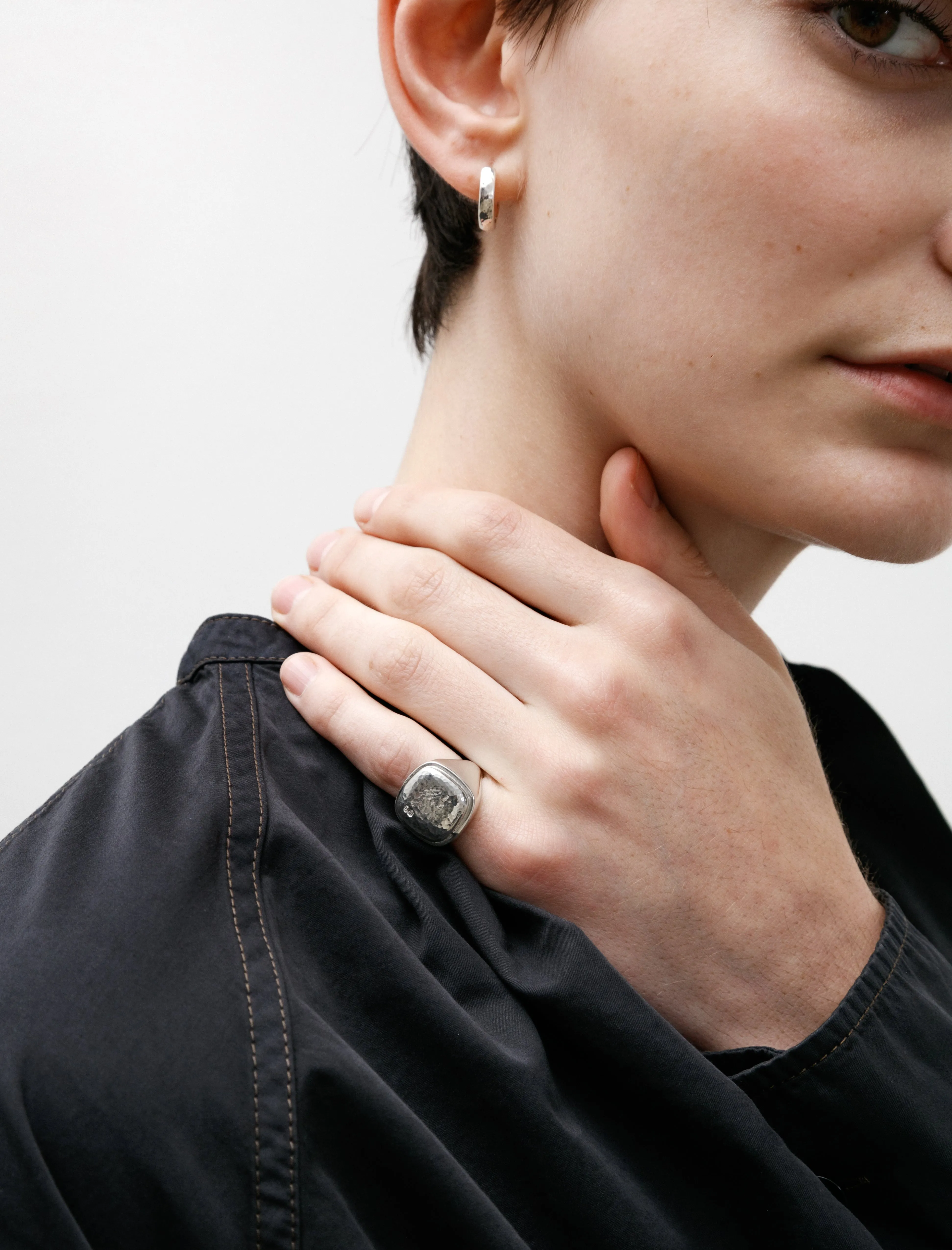 Heavy Cushion Signet Ring W Hammered Silver