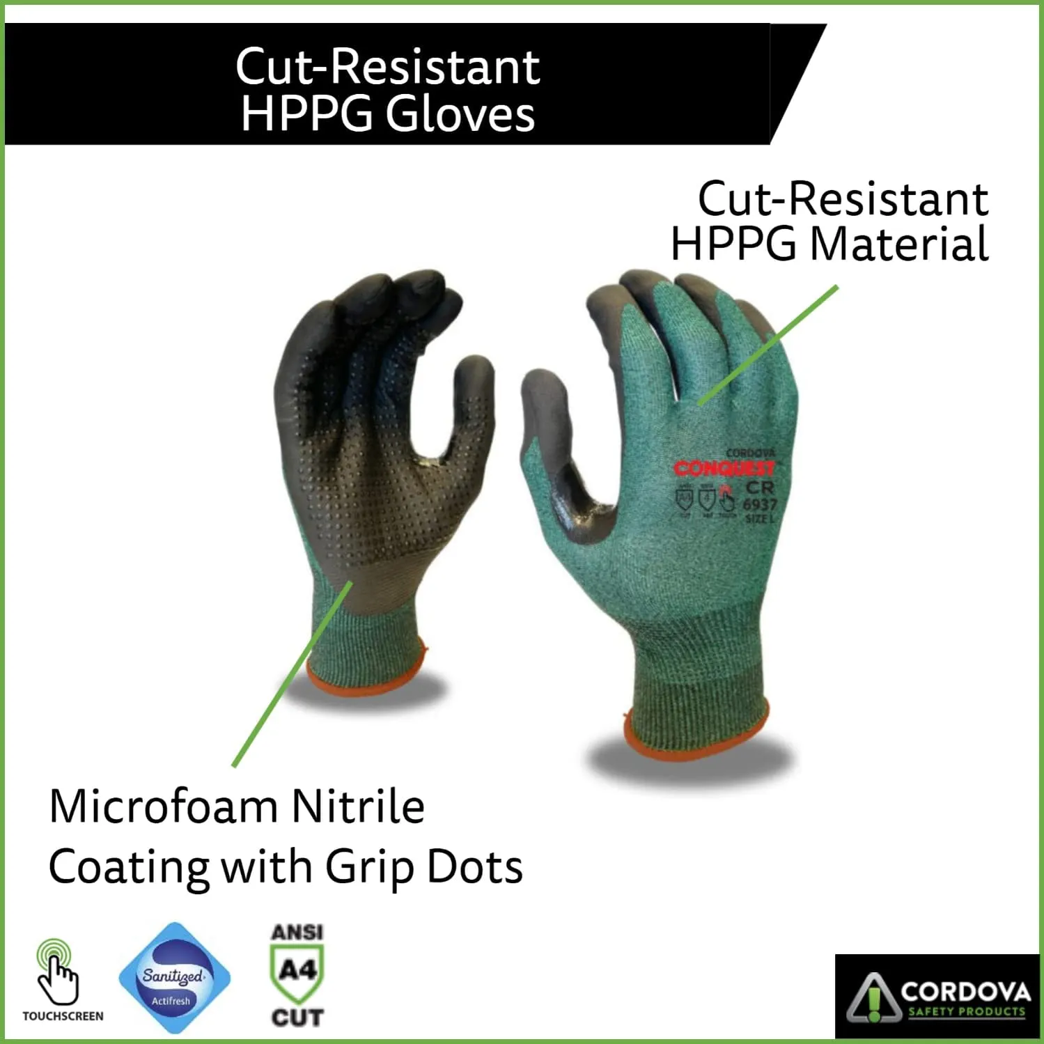 HPPG Cut-Resistant Gloves with Microfoam Nitrile Coating and Nitrile Dots, ANSI Cut Level A4