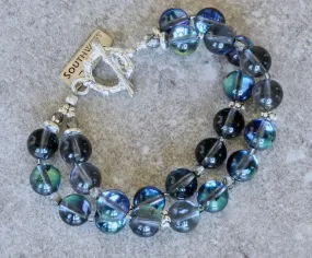 Iridescent Blue Glass Rounds 2-Strand Bracelet with Fire Polished Glass and Sterling Silver