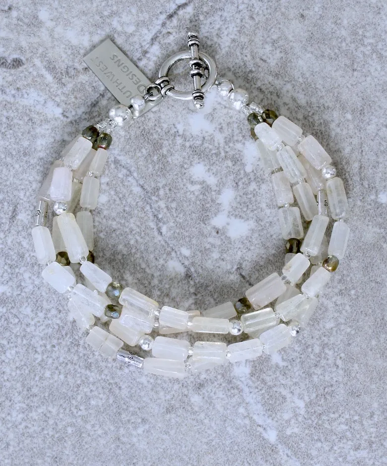 Ivory Glass Rectangles 4-Strand Bracelet with Golden Bronze Fire Polished Glass, and Sterling Silver Beads & Toggle Clasp