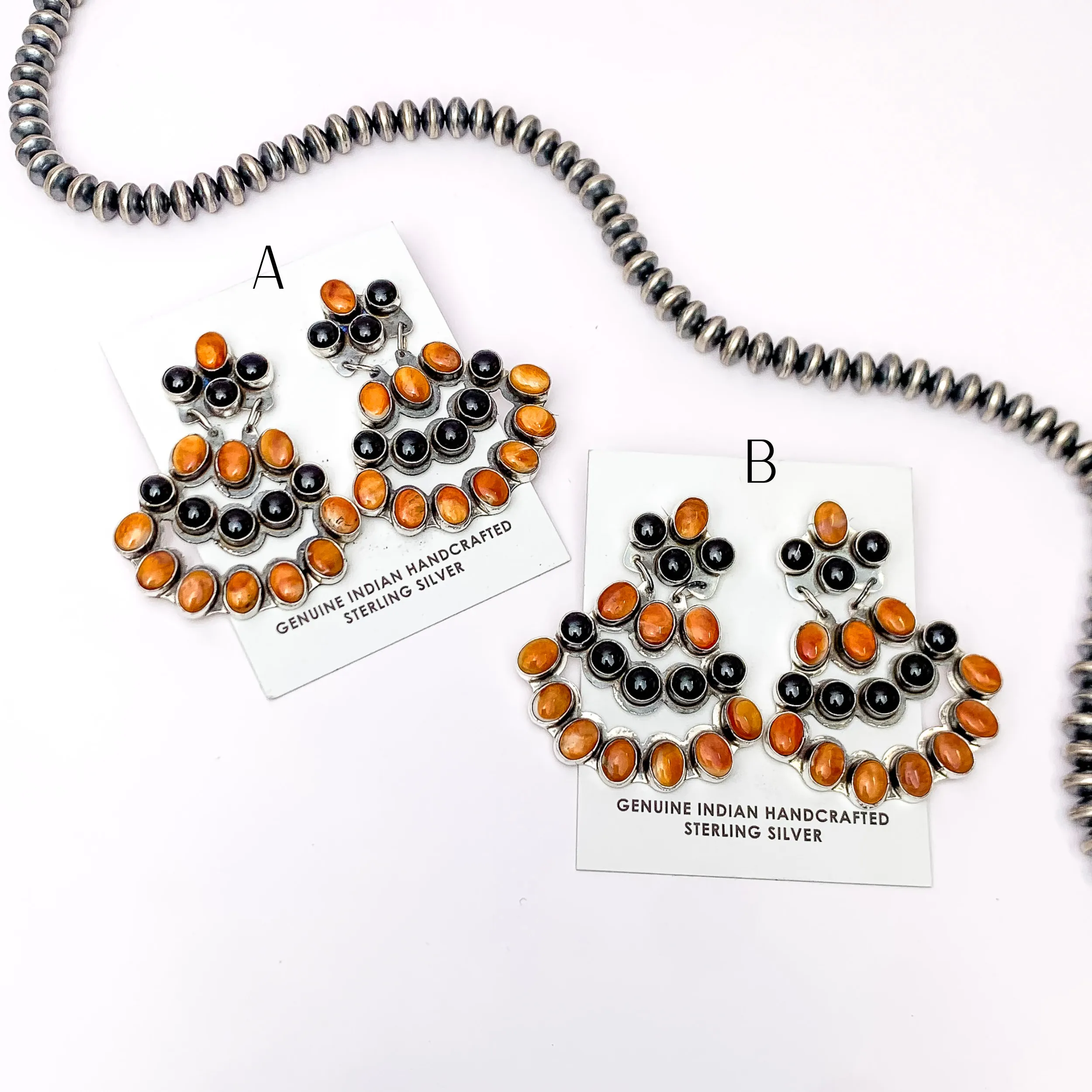 JB | Navajo Handmade Sterling Silver Post Chandelier Earrings with Orange Spiny Oyster and Black Onyx Stones