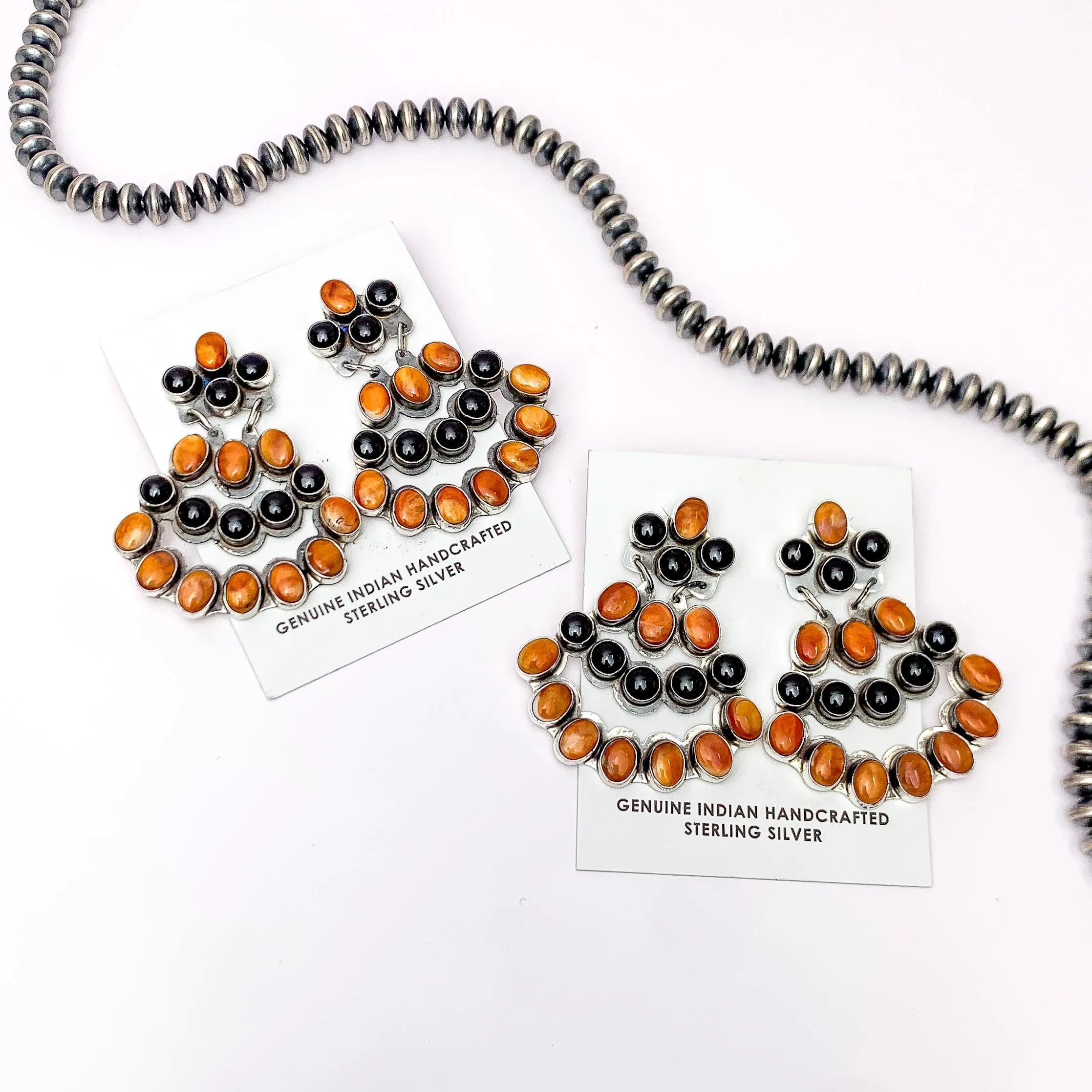 JB | Navajo Handmade Sterling Silver Post Chandelier Earrings with Orange Spiny Oyster and Black Onyx Stones