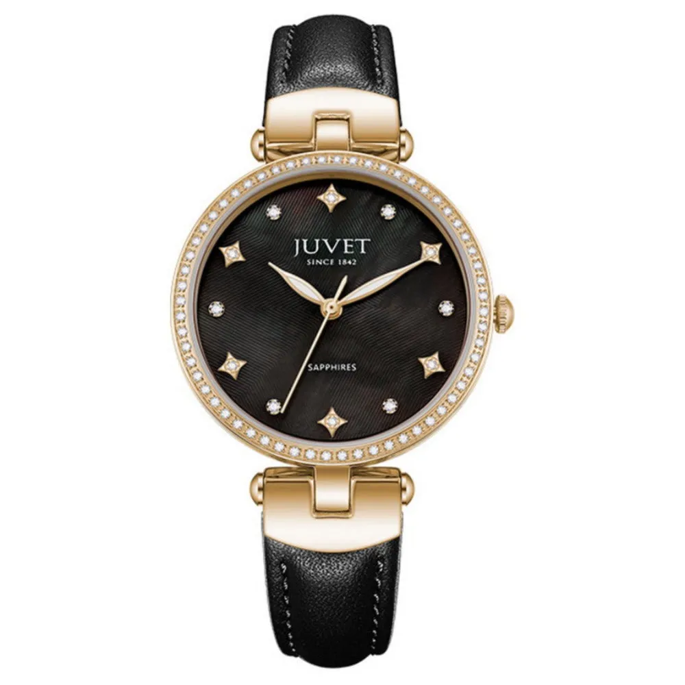 JUVET 7010 Classic Mother of Pearl Face Watch Diamonds 30m Waterproof - Gold Black A3