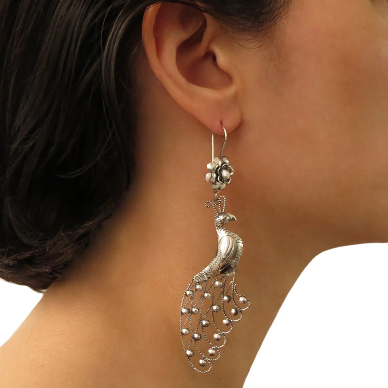 Large Peacock Bird Sterling Silver Chandelier Earrings